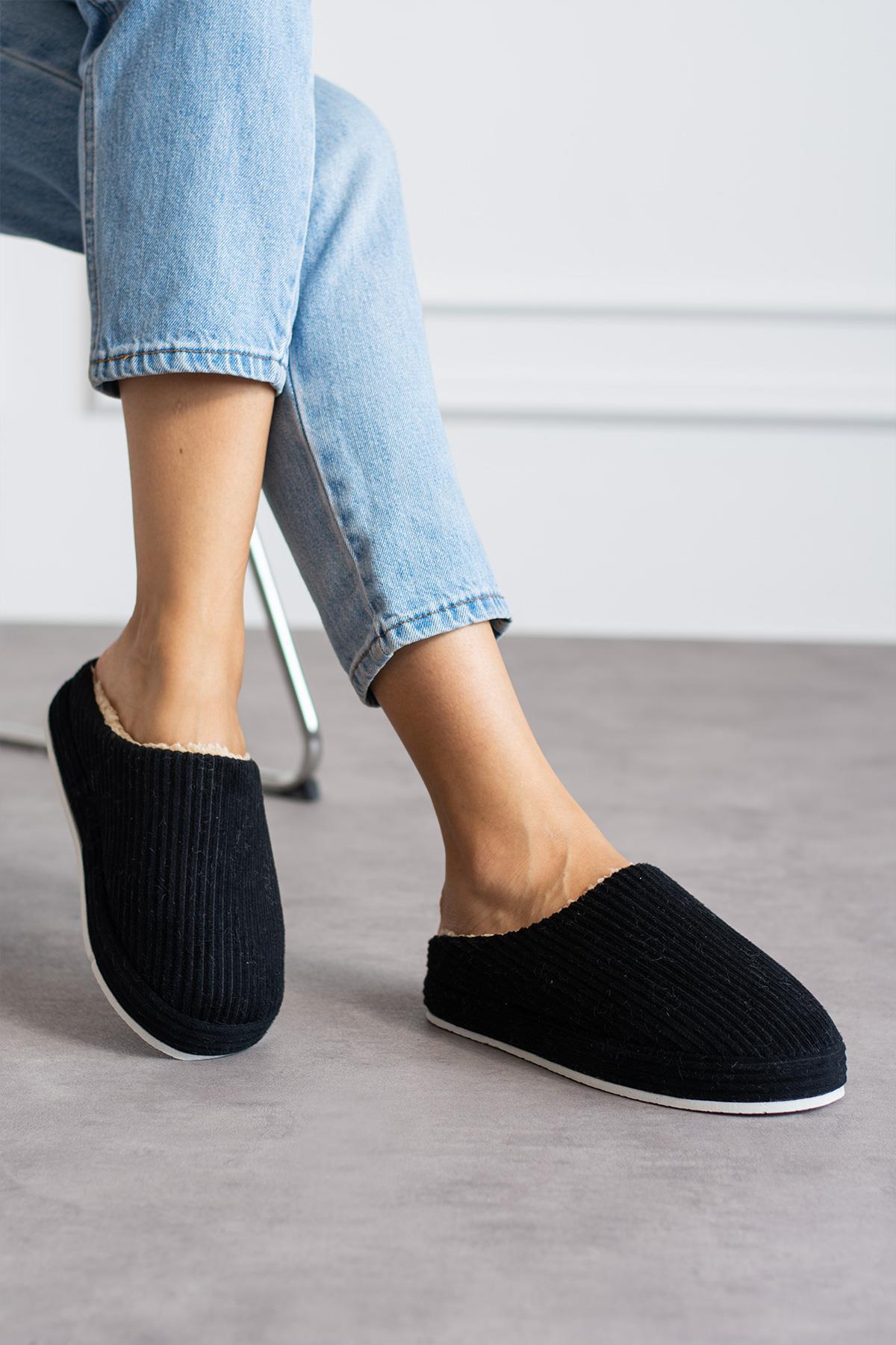 Modafrato FİTİLLİ PELUŞ Unisex Ev Terliği Kışlık Kadın Erkek Terlik Siyah