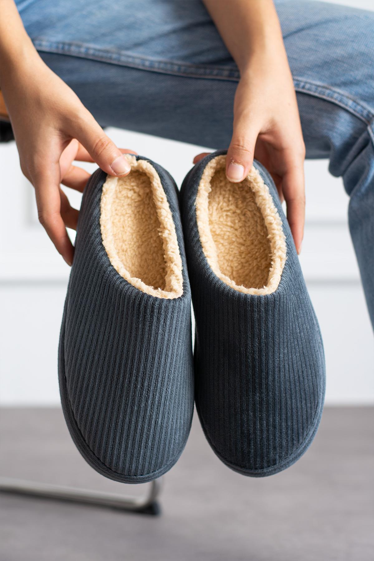 Modafrato FİTİLLİ PELUŞ Unisex Ev Terliği Kışlık Kadın Erkek Terlik Gri