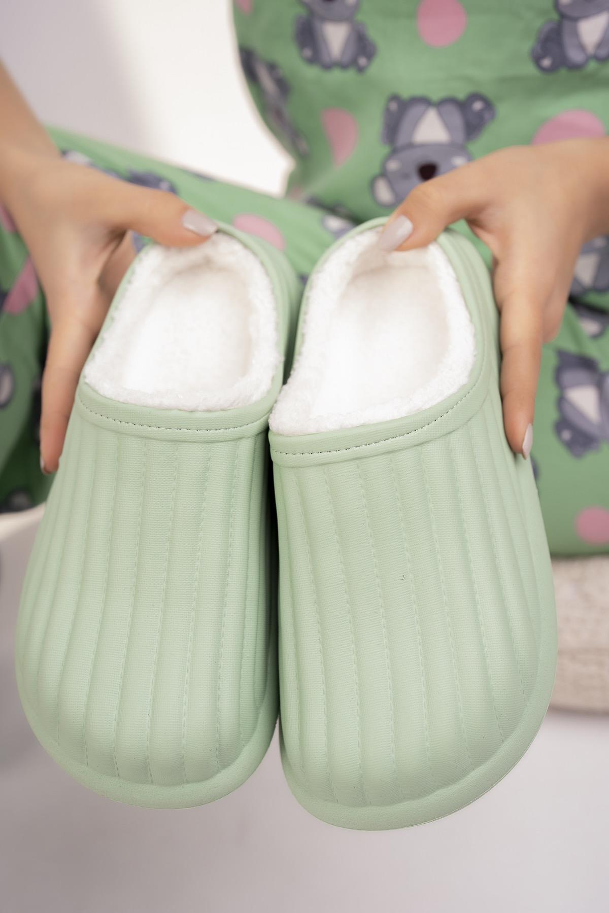 Modafrato FLORA Kapalı İçi Yünlü Unisex Ev Terliği Kışlık Terlik Yeşil