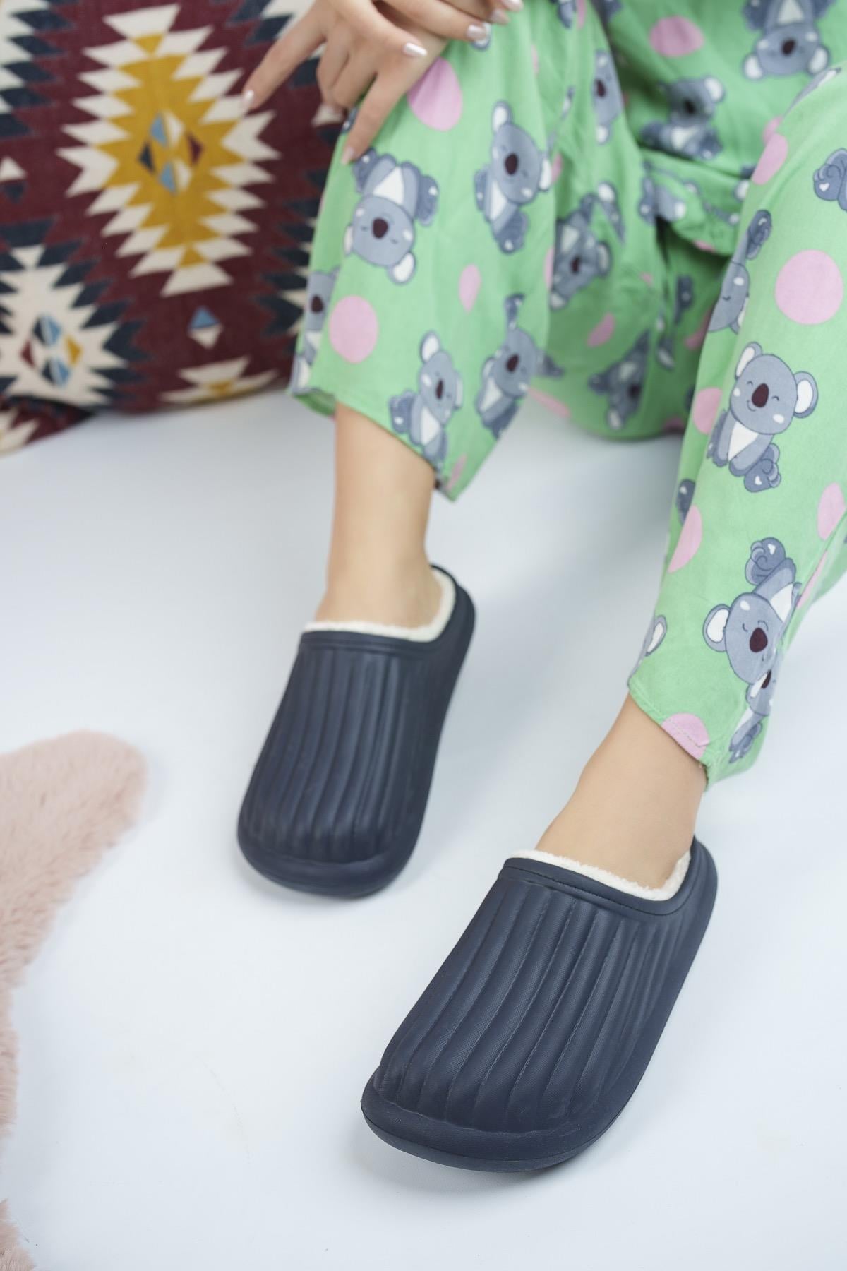 Modafrato FLORA Kapalı İçi Yünlü Unisex Ev Terliği Kışlık Terlik Lacivert
