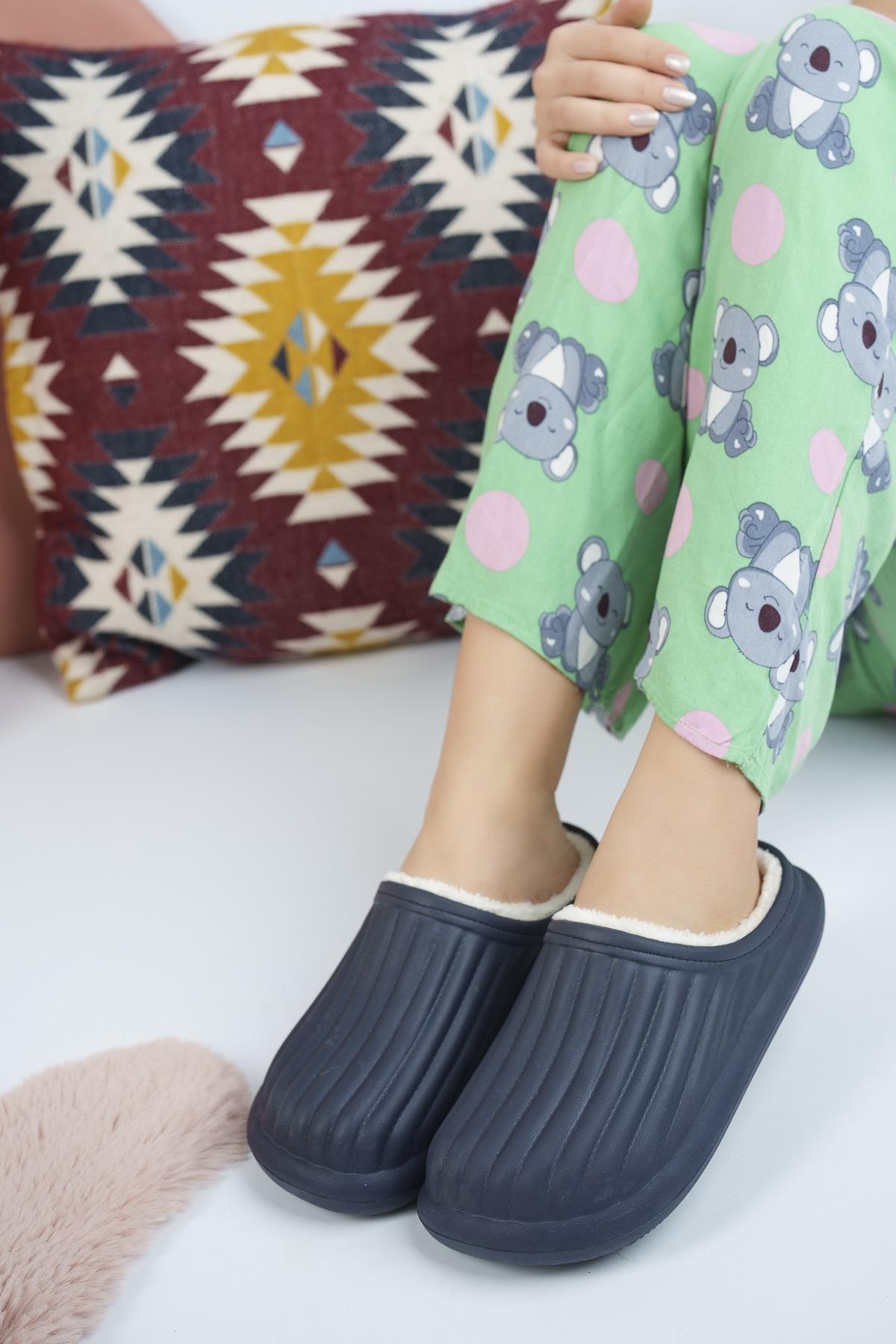 Modafrato FLORA Kapalı İçi Yünlü Unisex Ev Terliği Kışlık Terlik Lacivert