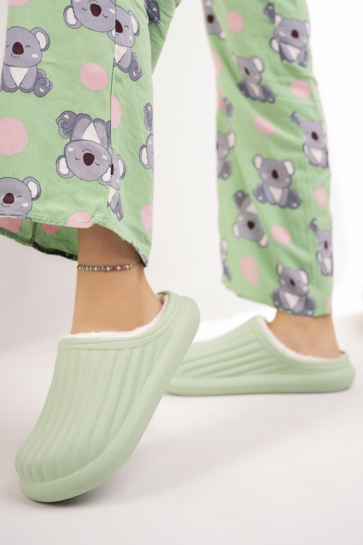 Modafrato FLORA Kapalı İçi Yünlü Unisex Ev Terliği Kışlık Terlik Yeşil