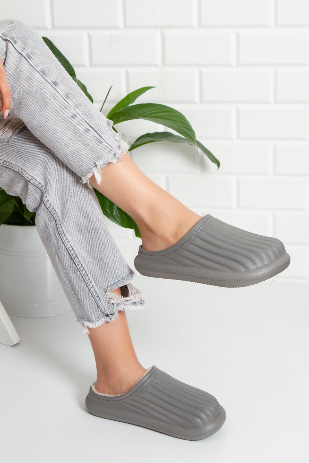 Modafrato FLORA Kapalı İçi Yünlü Unisex Ev Terliği Kışlık Terlik Gri