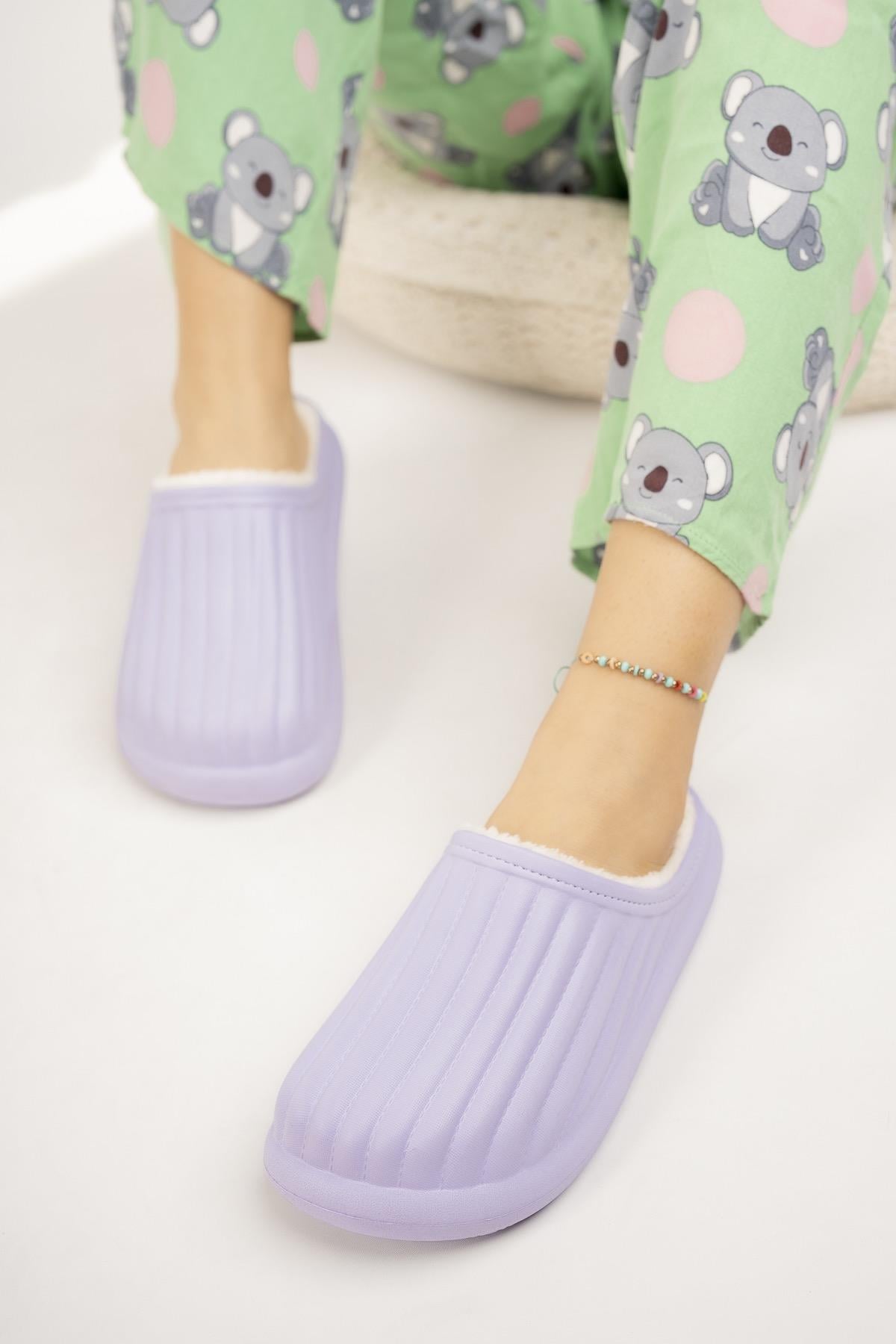 Modafrato FLORA Kapalı İçi Yünlü Unisex Ev Terliği Kışlık Terlik Mor