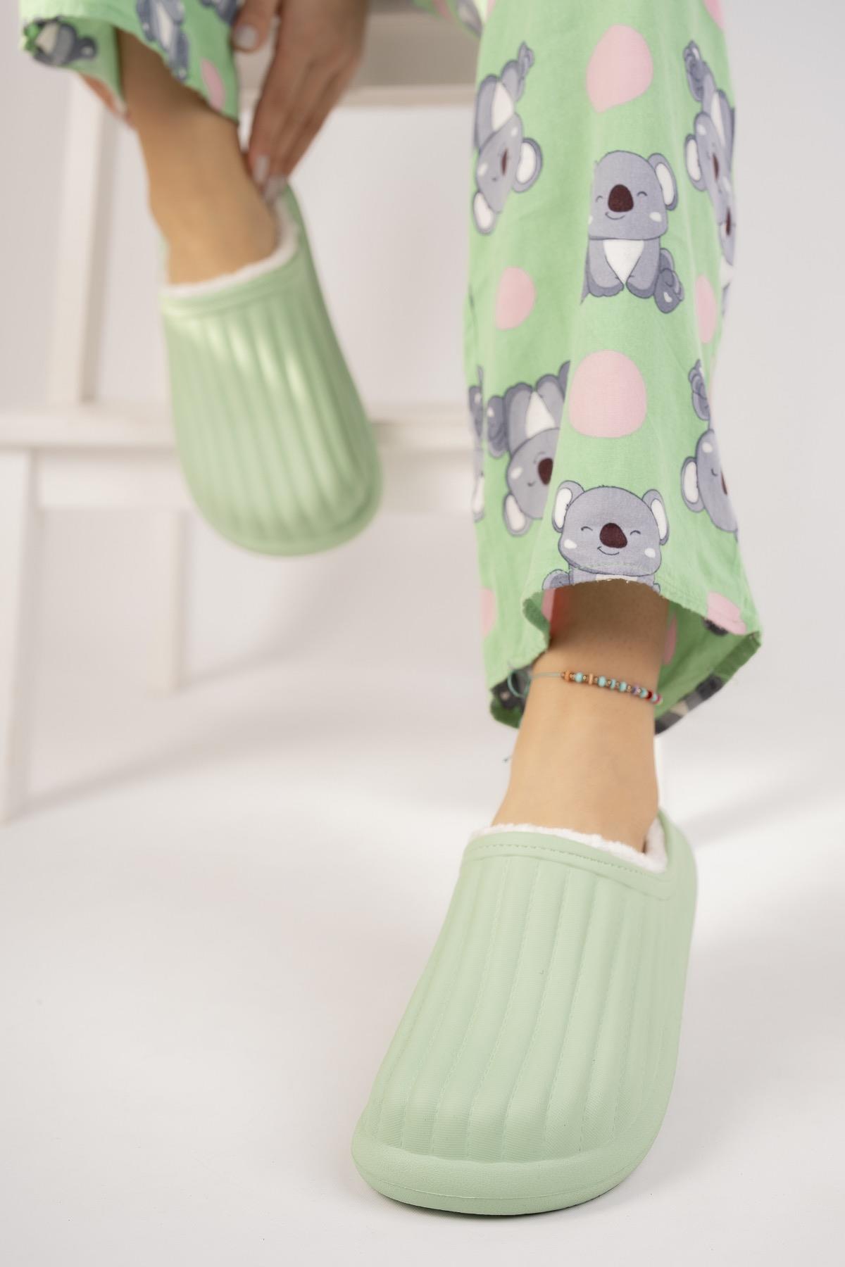 Modafrato FLORA Kapalı İçi Yünlü Unisex Ev Terliği Kışlık Terlik Yeşil