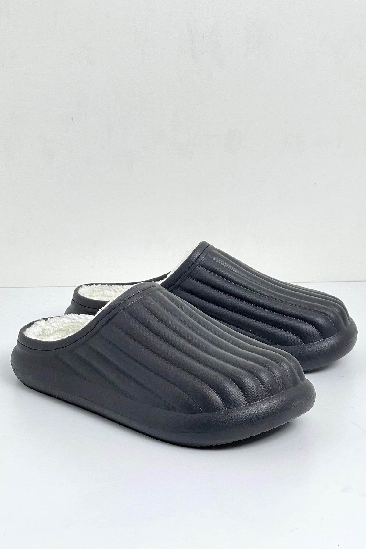 Modafrato FLORA Kapalı İçi Yünlü Unisex Ev Terliği Kışlık Terlik Siyah