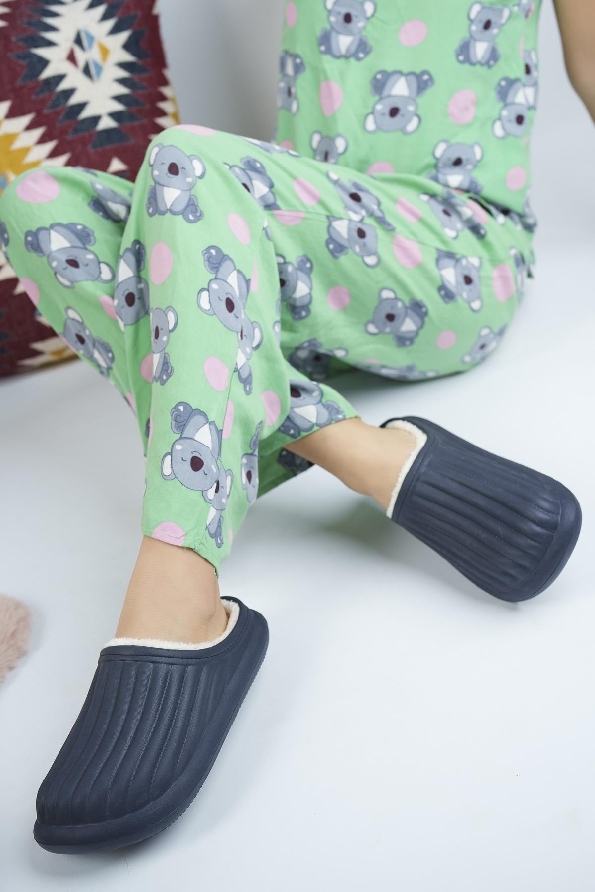 Modafrato FLORA Kapalı İçi Yünlü Unisex Ev Terliği Kışlık Terlik Lacivert