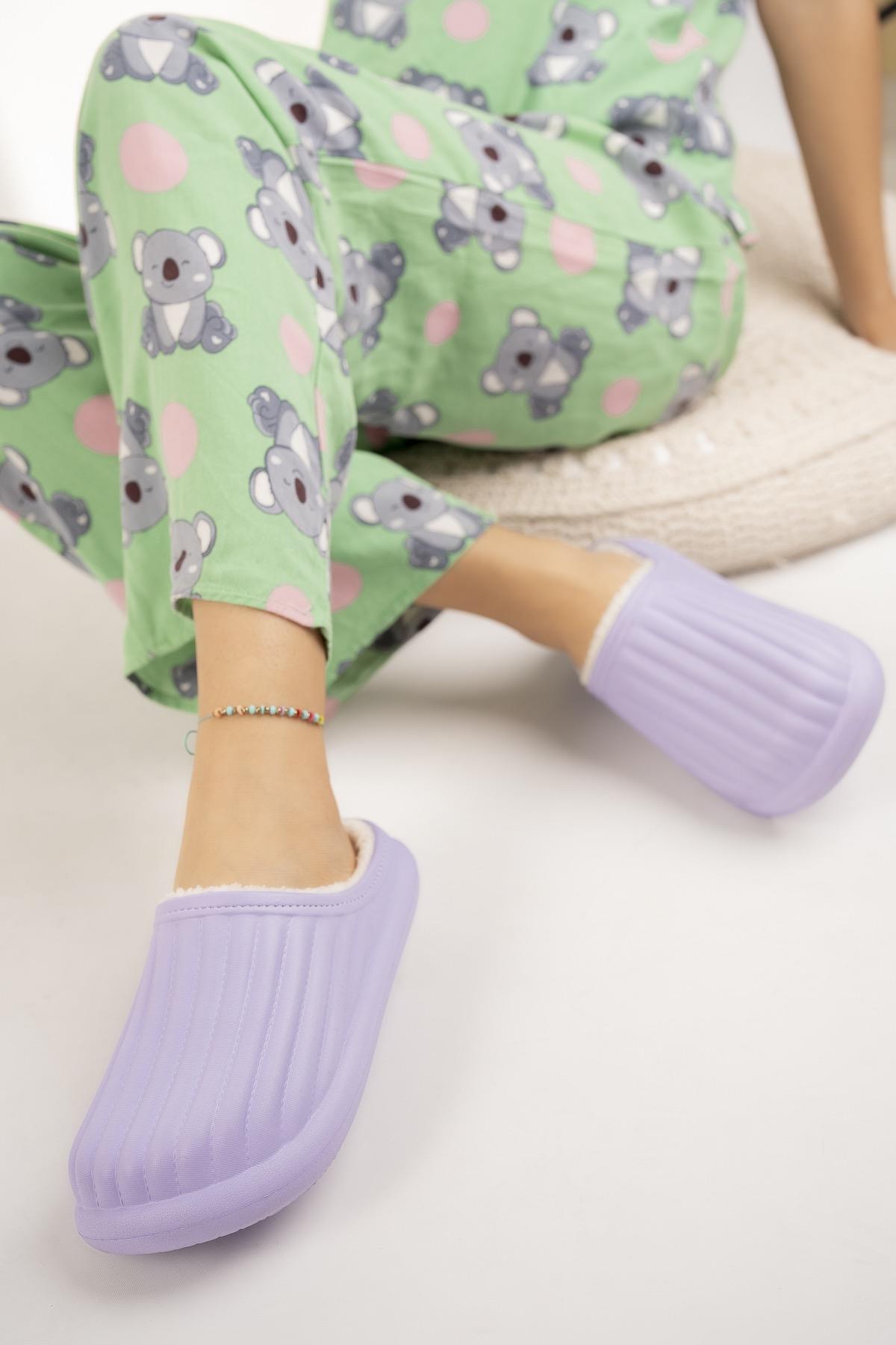 Modafrato FLORA Kapalı İçi Yünlü Unisex Ev Terliği Kışlık Terlik Mor