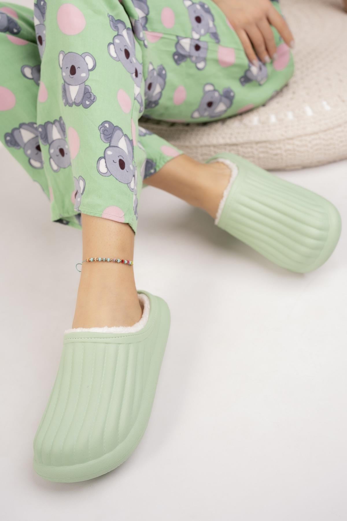 Modafrato FLORA Kapalı İçi Yünlü Unisex Ev Terliği Kışlık Terlik Yeşil