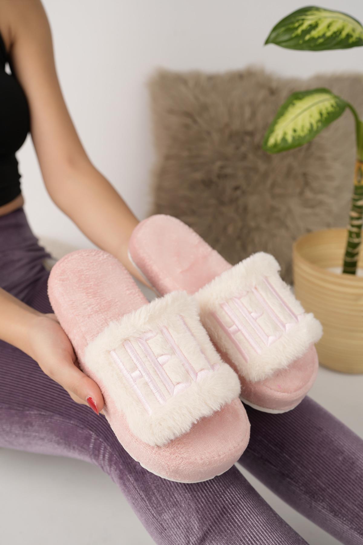 Modafrato HELLO Kadın Ev Terliği Kışlık Yünlü Terlik Pembe