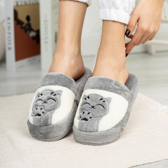 Modafrato Kedi&Pati Kadın Ev Terliği Kışlık Terlik Gri