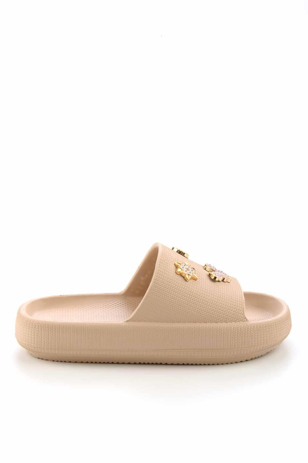 Modafrato KELEBEK TAŞLI Unisex Terlik Plaj Deniz Havuz Terliği Bej