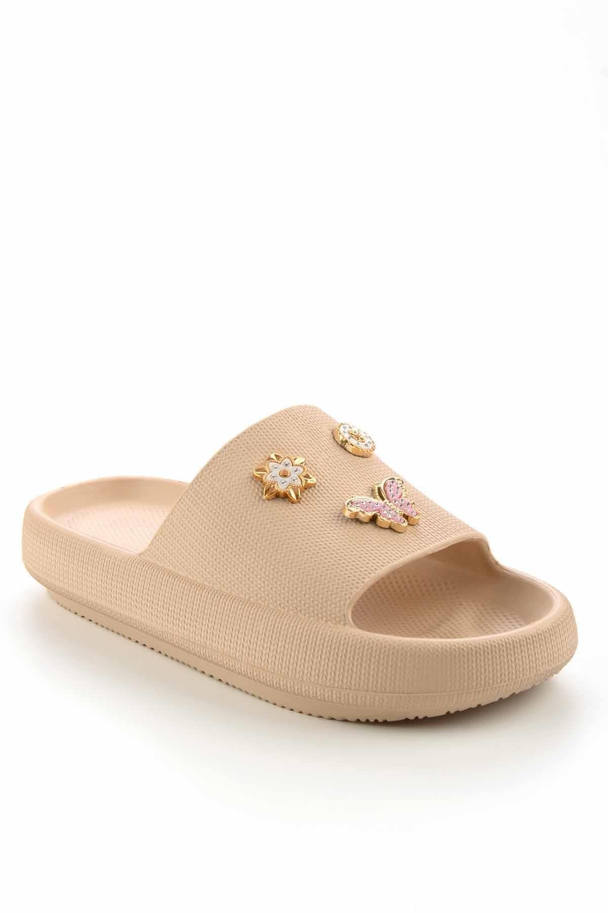 Modafrato KELEBEK TAŞLI Unisex Terlik Plaj Deniz Havuz Terliği Bej