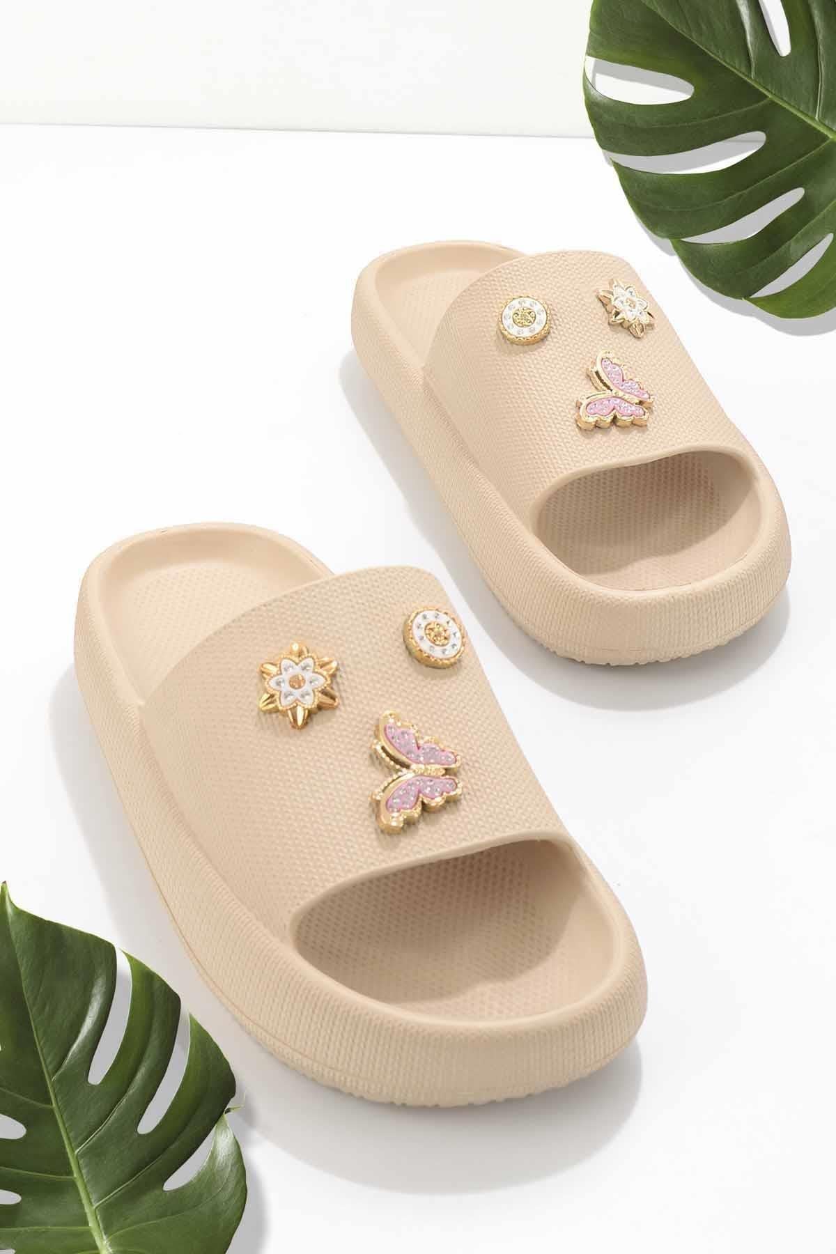 Modafrato KELEBEK TAŞLI Unisex Terlik Plaj Deniz Havuz Terliği Bej