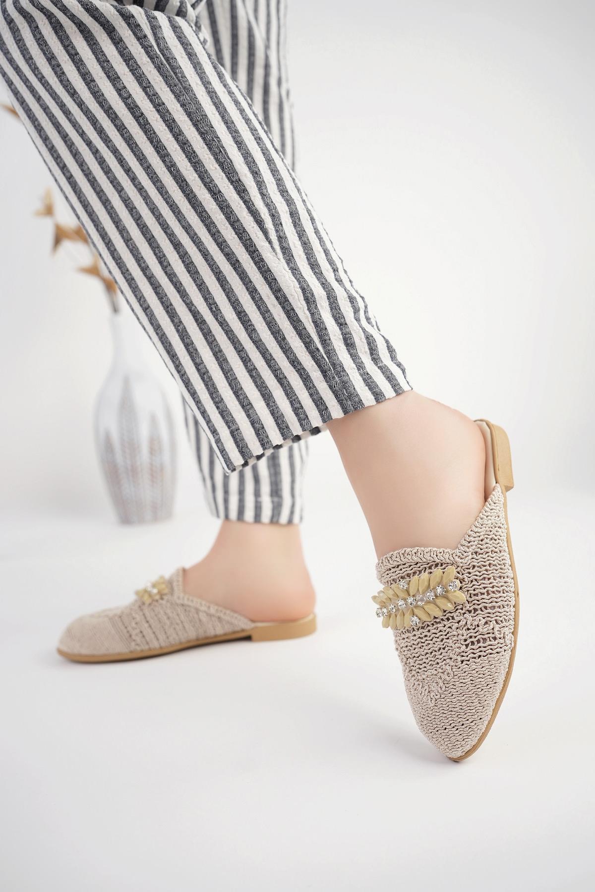 Modafrato LEDA Hasır Kadın Terlik Dış Mekan ve Ev Terliği Krem