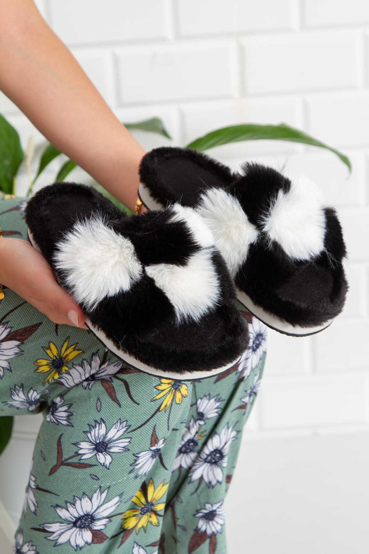 Modafrato Mazzy Yünlü Unisex Ev Terliği Kışlık Terlik Siyah-Beyaz