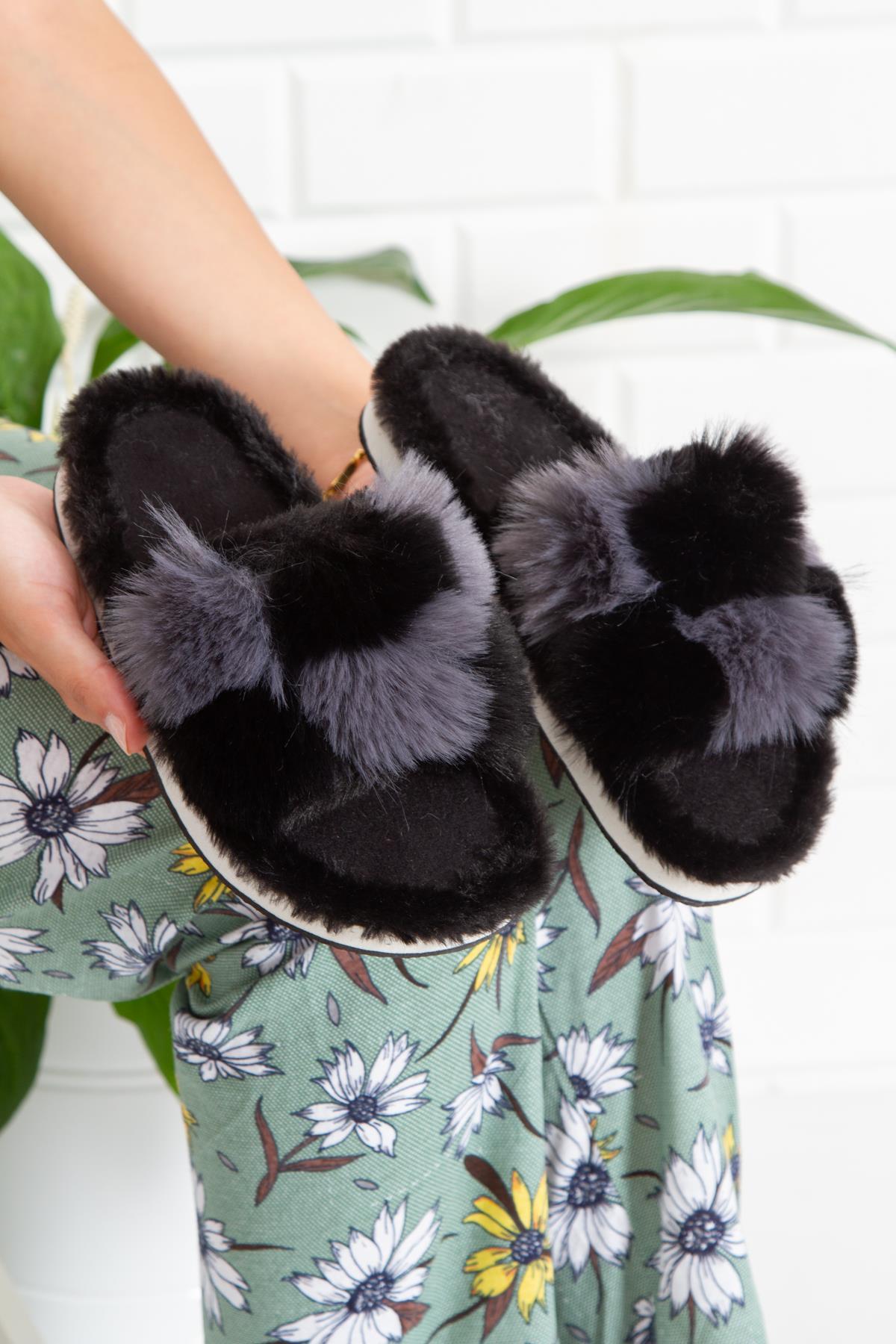 Modafrato Mazzy Yünlü Unisex Ev Terliği Kışlık Terlik Siyah-Füme