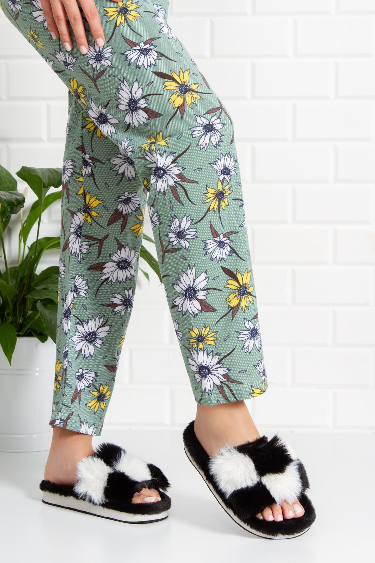 Modafrato Mazzy Yünlü Unisex Ev Terliği Kışlık Terlik Siyah-Beyaz