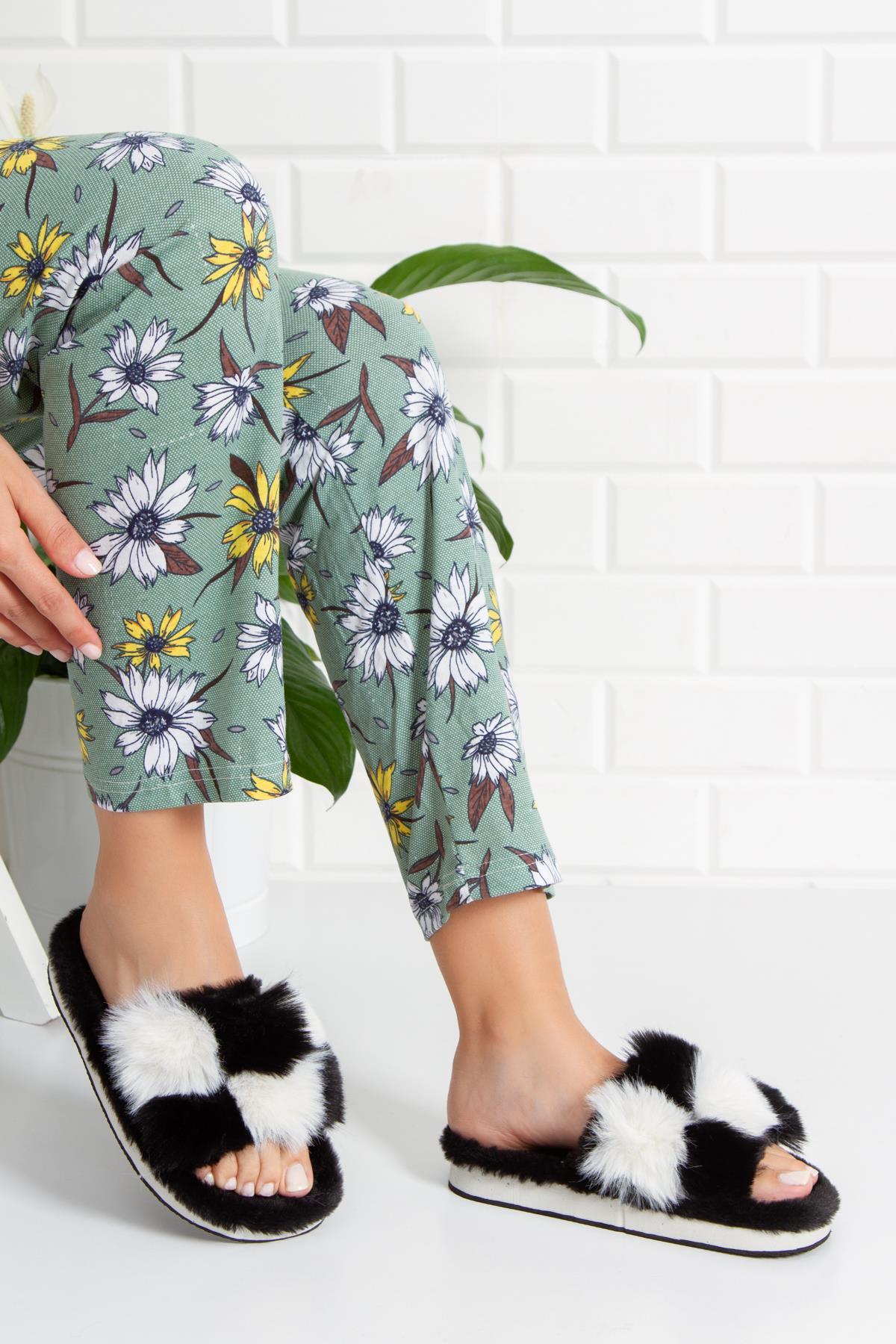 Modafrato Mazzy Yünlü Unisex Ev Terliği Kışlık Terlik Siyah-Beyaz