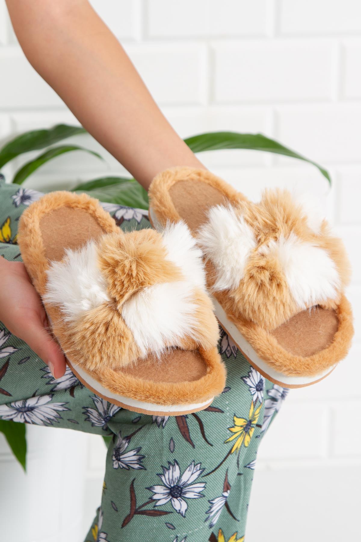 Modafrato Mazzy Yünlü Unisex Ev Terliği Kışlık Terlik Bej