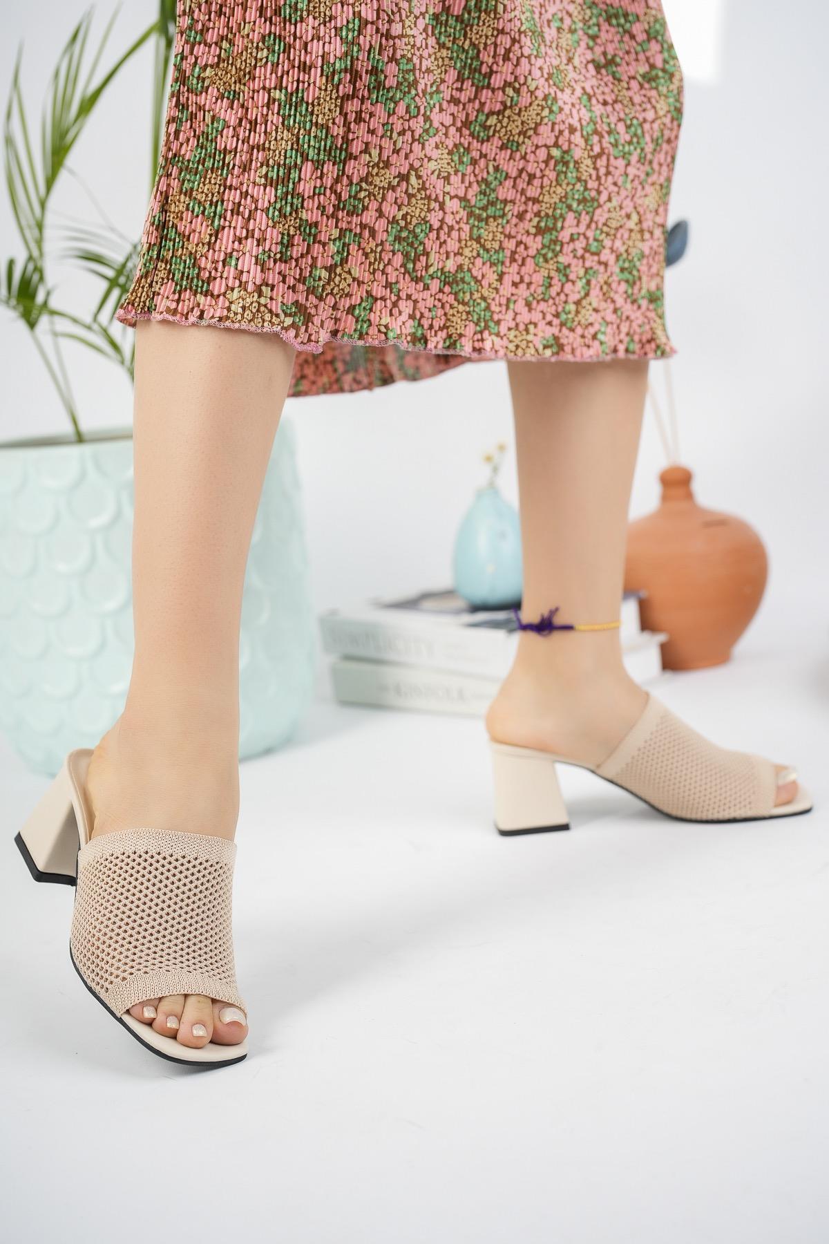 Modafrato MY-901 Delikli Triko Topuklu Terlik Yüksek Topuk Ayakkabı Abiye Bej