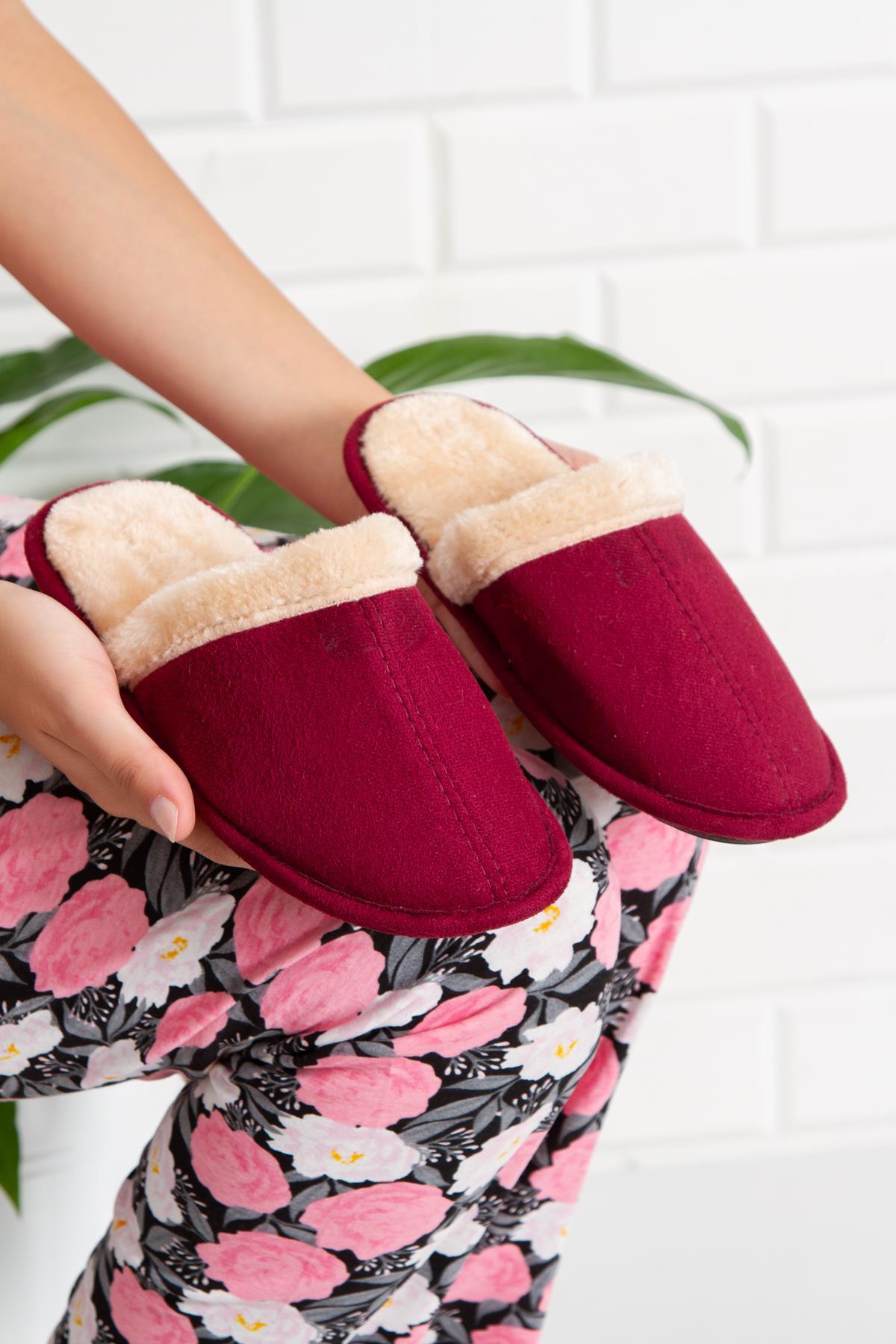 Modafrato Pufidi Kapalı Yünlü Unisex Ev Terliği Kışlık Terlik Bordo