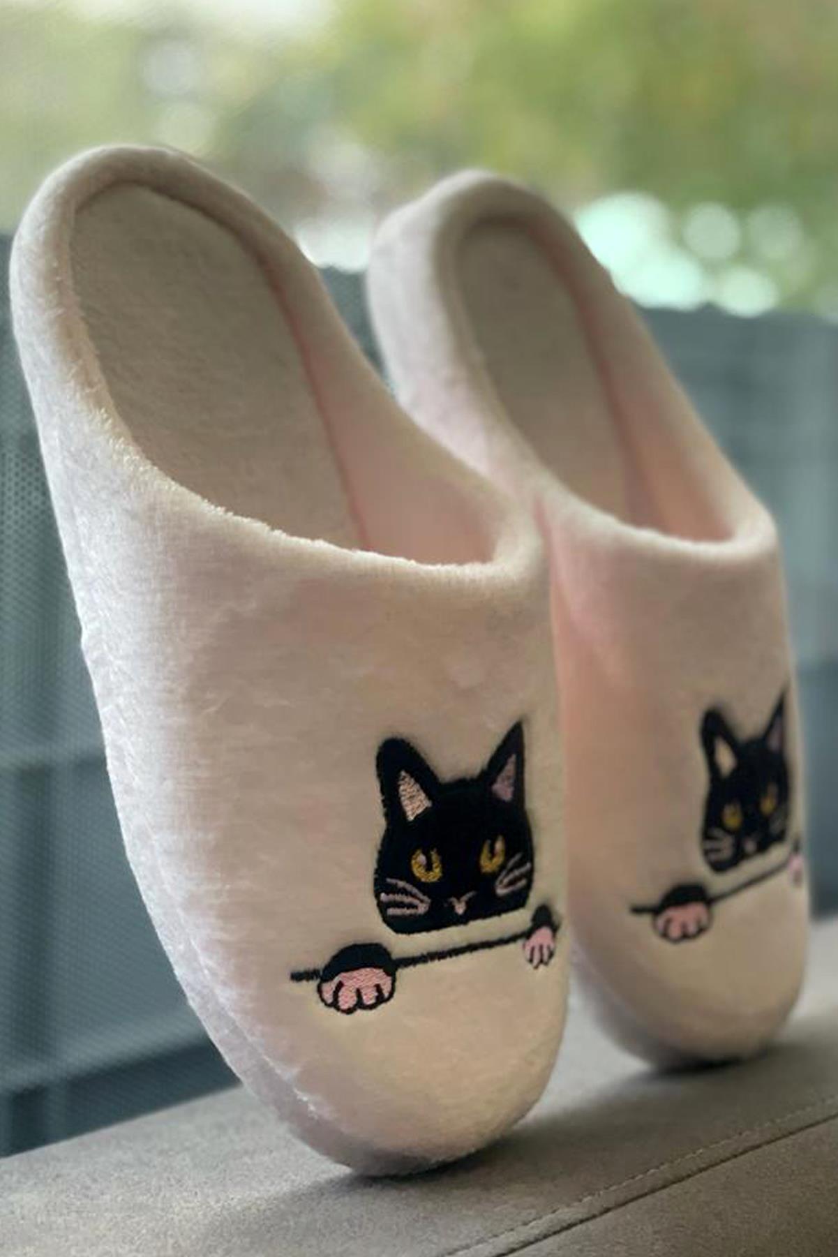 Modafrato RP-KEDİ Yünlü Kadın Ev Terliği Ses Yapmayan Yumuşak Taban Pembe