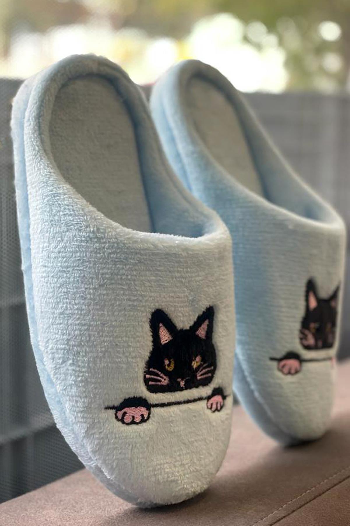 Modafrato RP-KEDİ Yünlü Kadın Ev Terliği Ses Yapmayan Yumuşak Taban Mavi