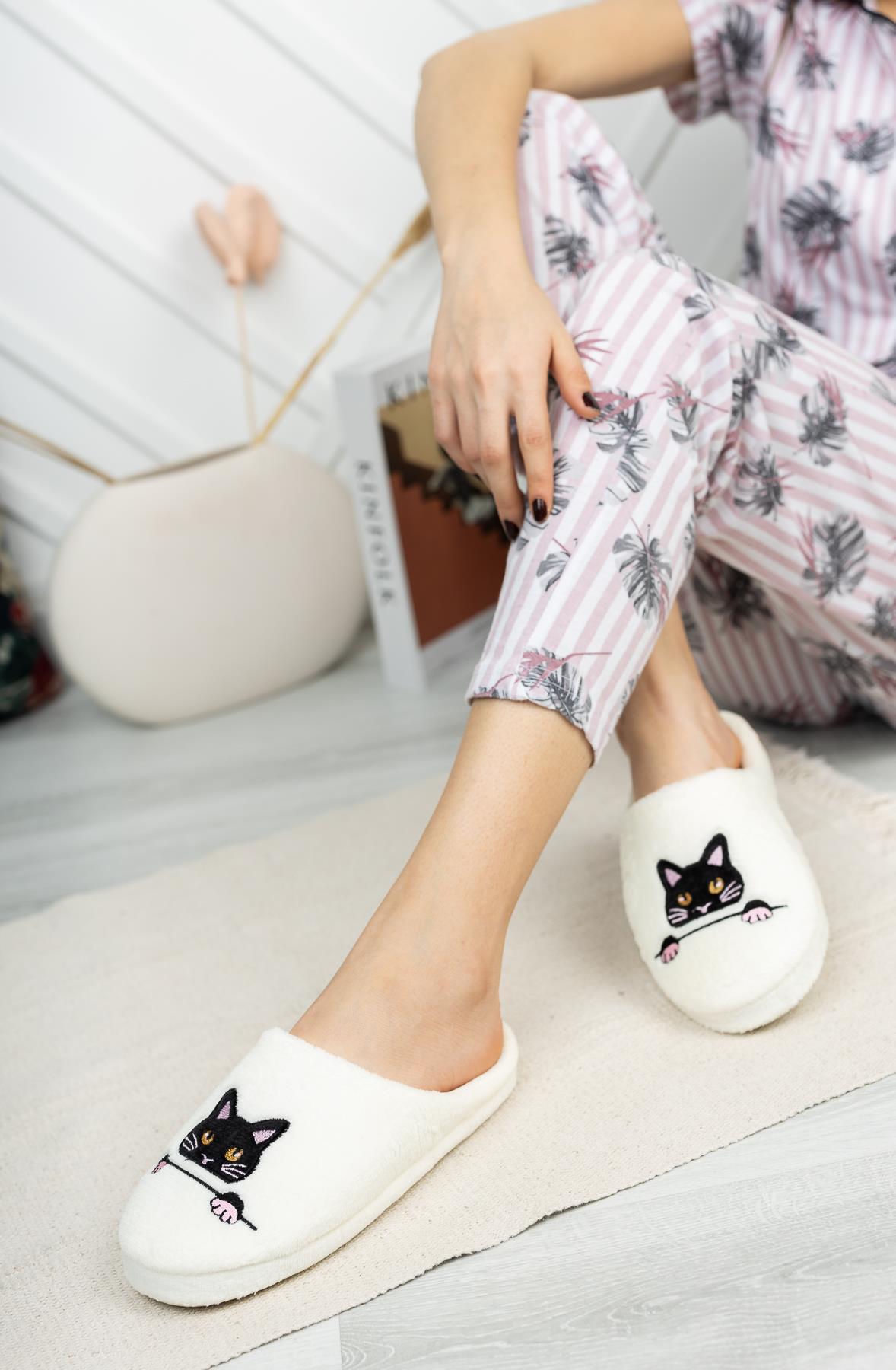 Modafrato RP-Kedi2 Kadın Ev Terliği Kışlık Terlik Krem
