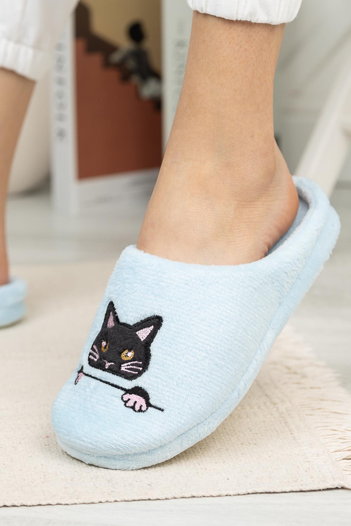 Modafrato RP-Kedi2 Kadın Ev Terliği Kışlık Terlik Mavi
