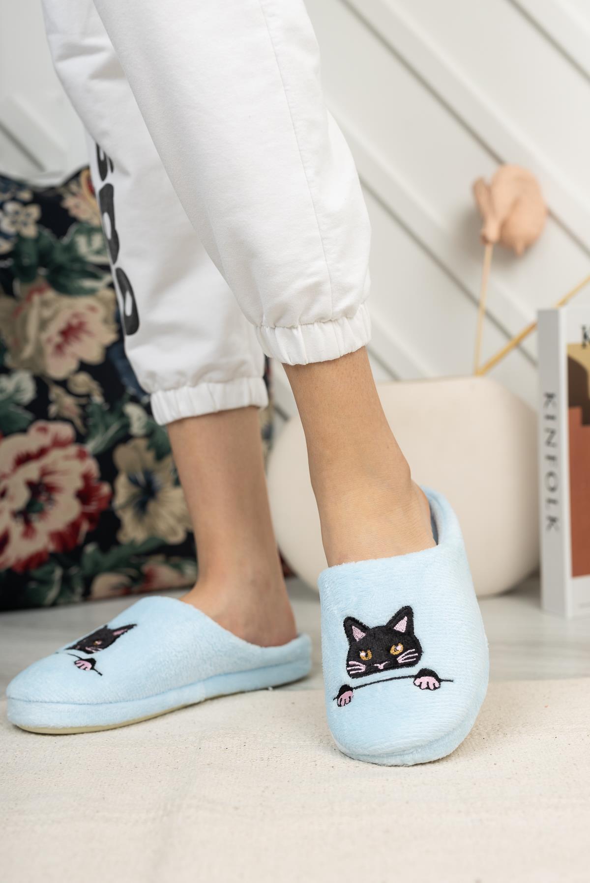 Modafrato RP-Kedi2 Kadın Ev Terliği Kışlık Terlik Mavi