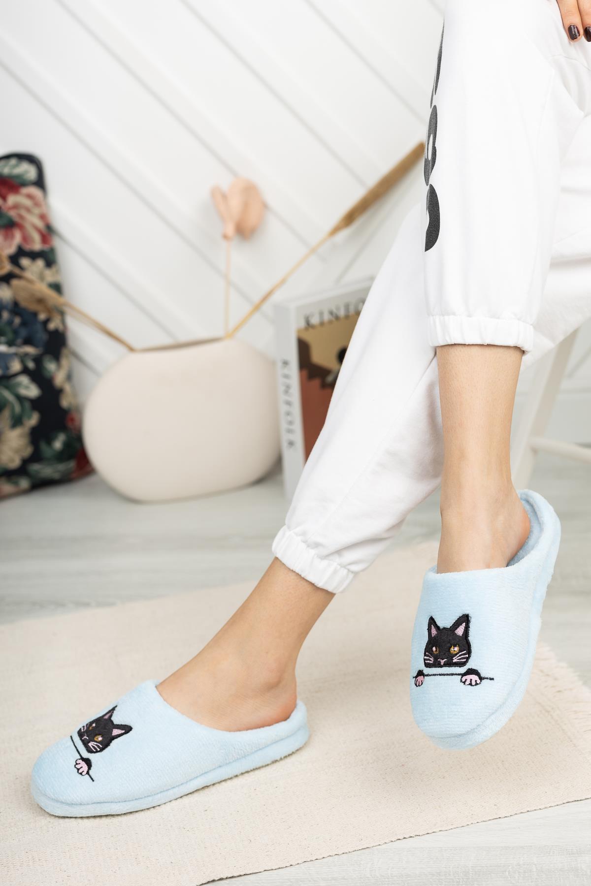 Modafrato RP-Kedi2 Kadın Ev Terliği Kışlık Terlik Mavi
