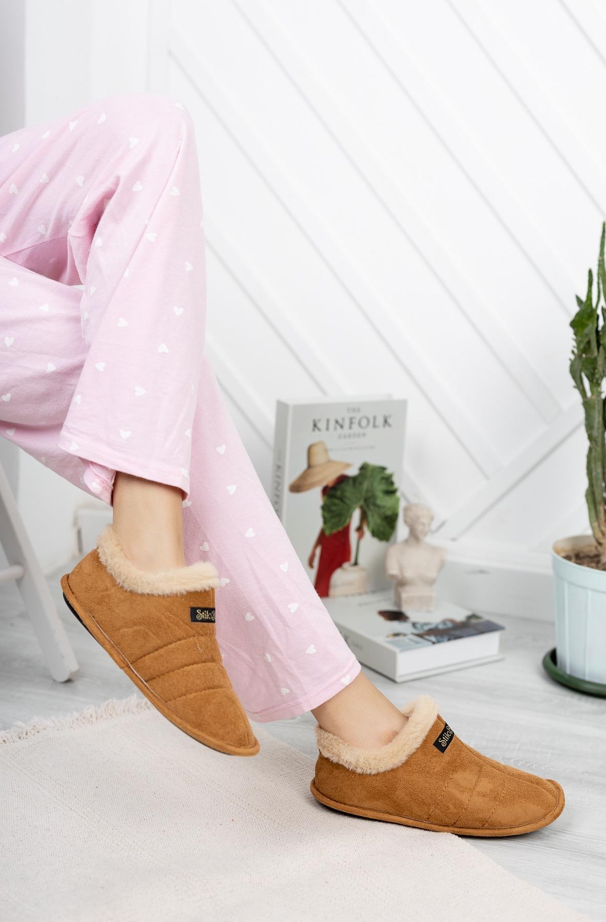 Modafrato STL-01 Unisex Panduf Ev Ayakkabısı Kadın Erkek  Taba