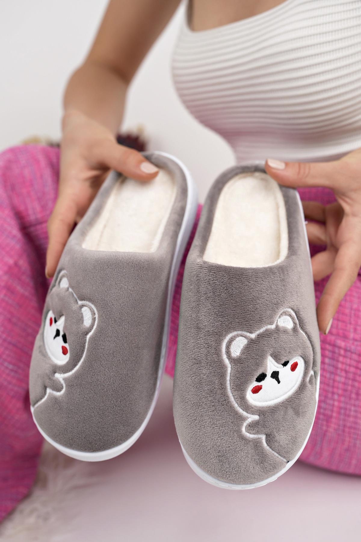 Modafrato TEDDY Kadın Ev Terliği Kışlık Yünlü Terlik Ses Yapmayan Taban Gri