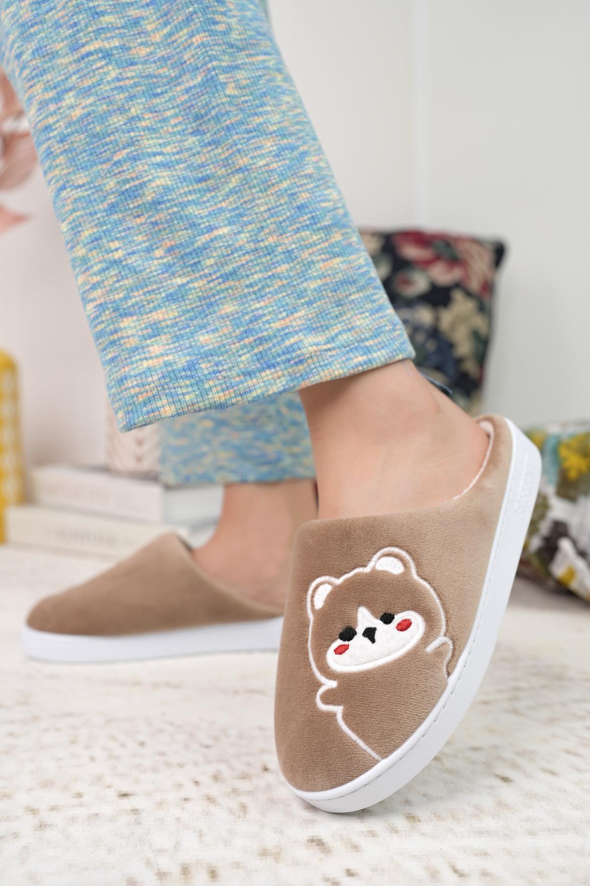 Modafrato TEDDY Kadın Ev Terliği Kışlık Yünlü Terlik Ses Yapmayan Taban Bej