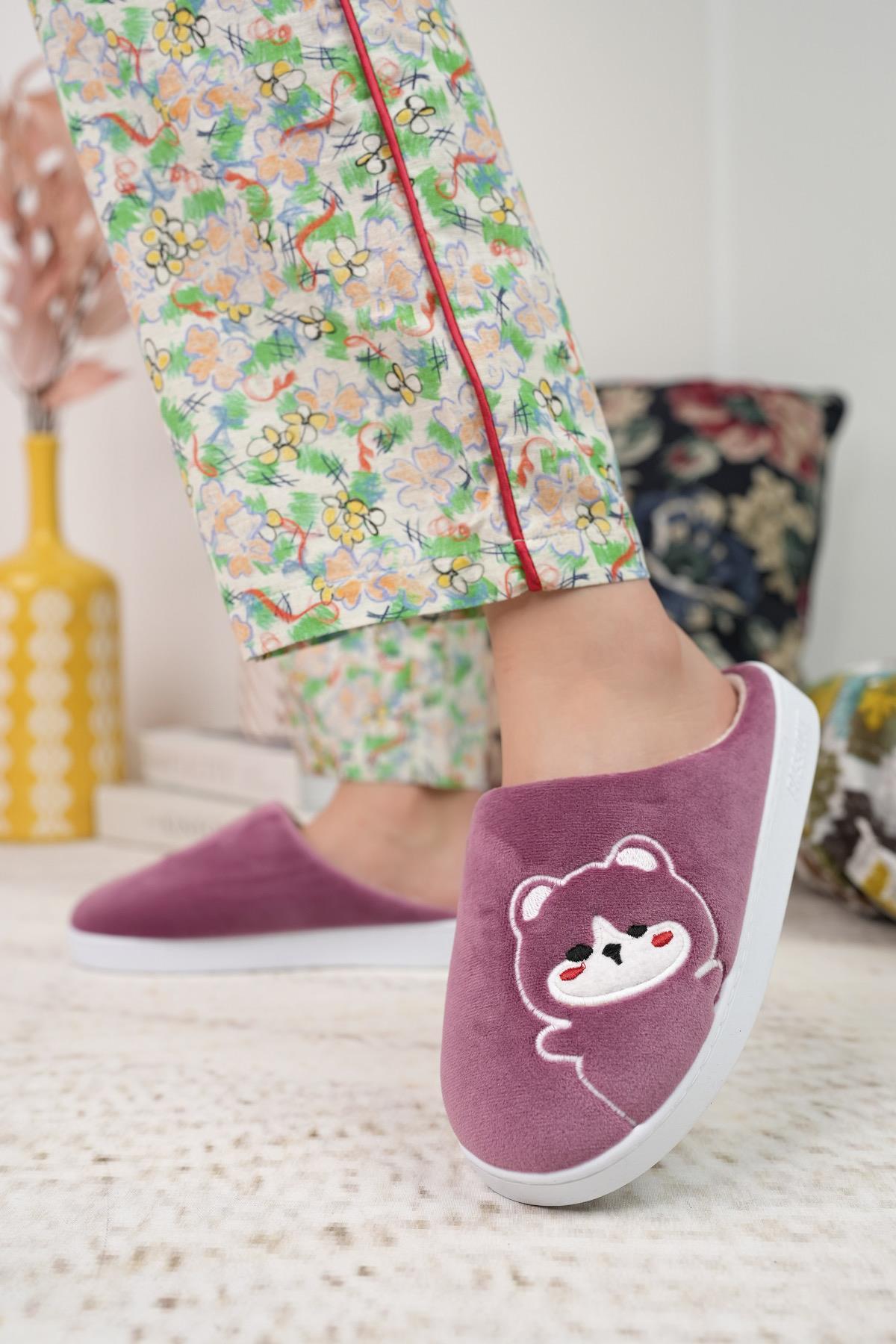Modafrato TEDDY Kadın Ev Terliği Kışlık Yünlü Terlik Ses Yapmayan Taban Mor