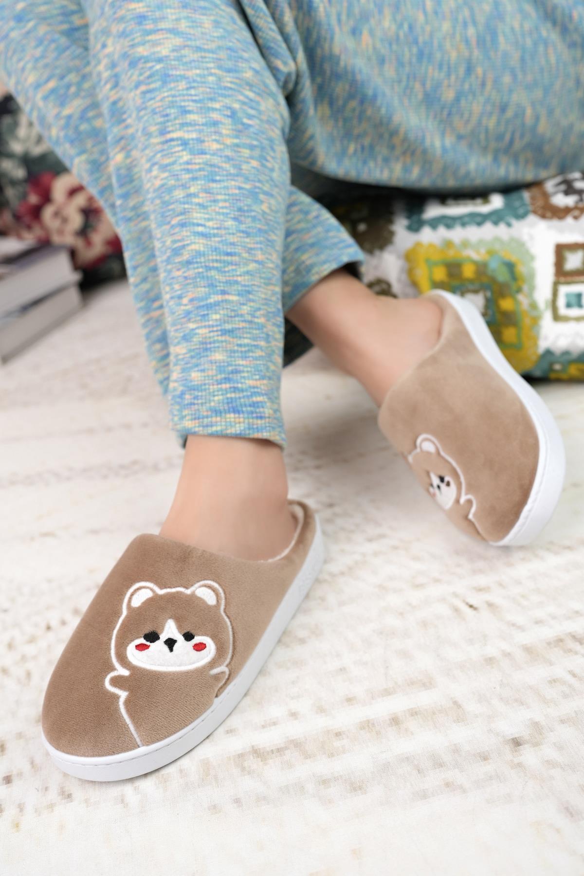 Modafrato TEDDY Kadın Ev Terliği Kışlık Yünlü Terlik Ses Yapmayan Taban Bej