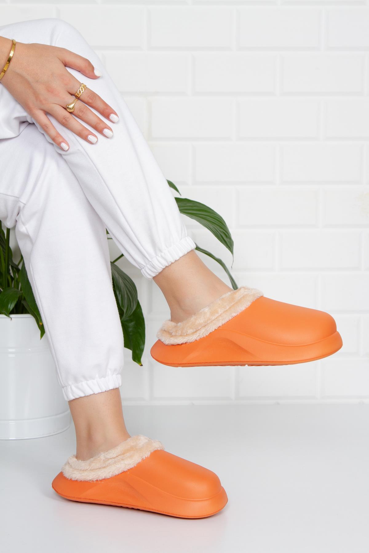 Modafrato Uzay Kapalı İçi Yünlü Unisex Ev Terliği Kışlık Terlik Turuncu