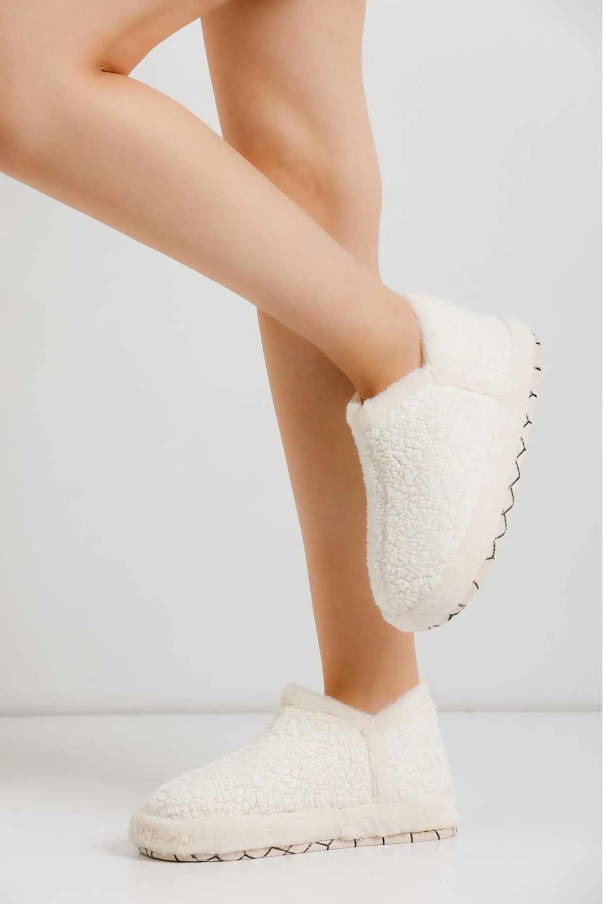 Modafrato VIOLA Kadın Panduf Ev Ayakkabısı Ev Botu Beyaz