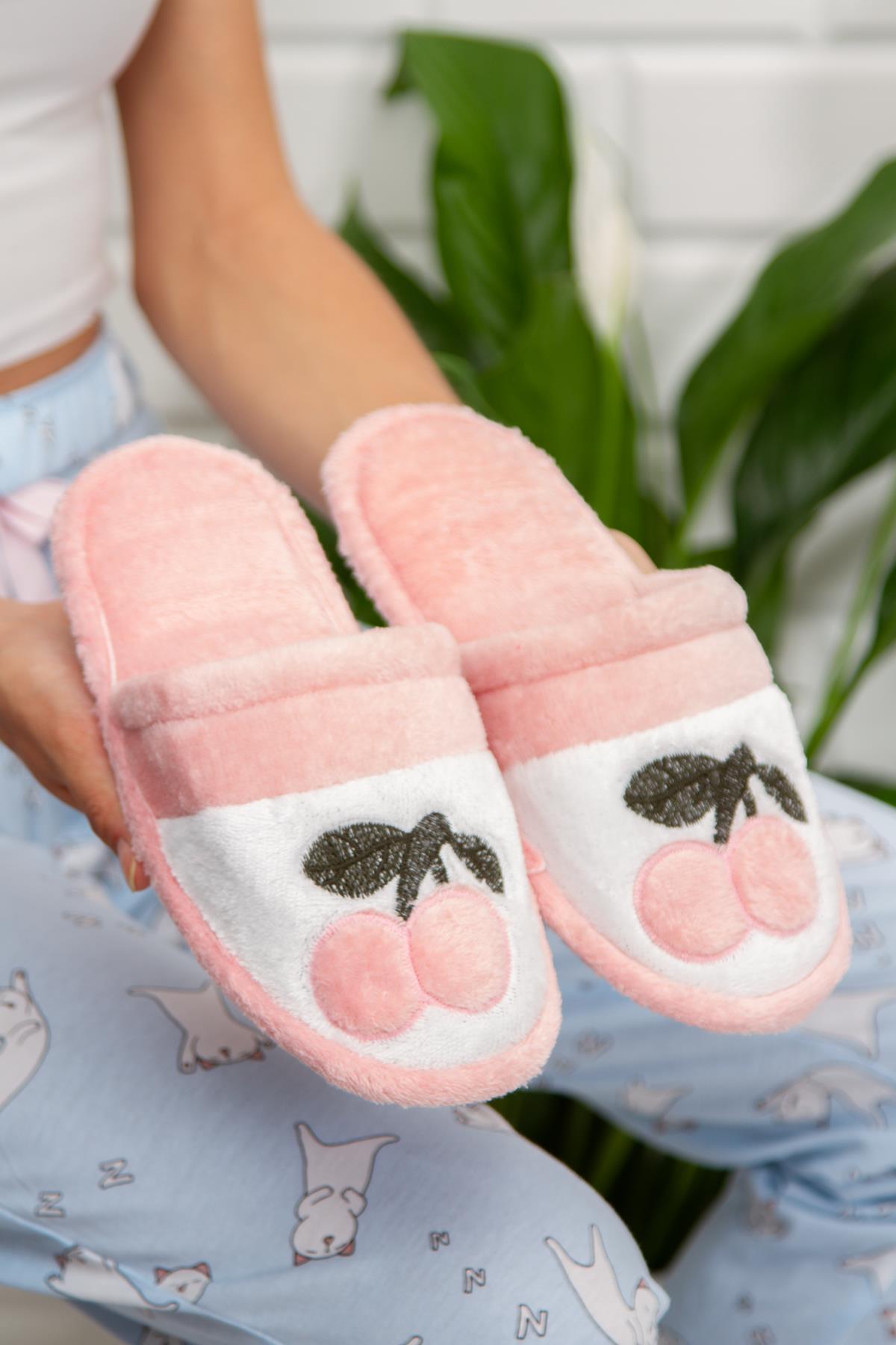 Modafrato Wzy Kirazlı Kadın Terlik Kışlık Ev Terliği Pembe