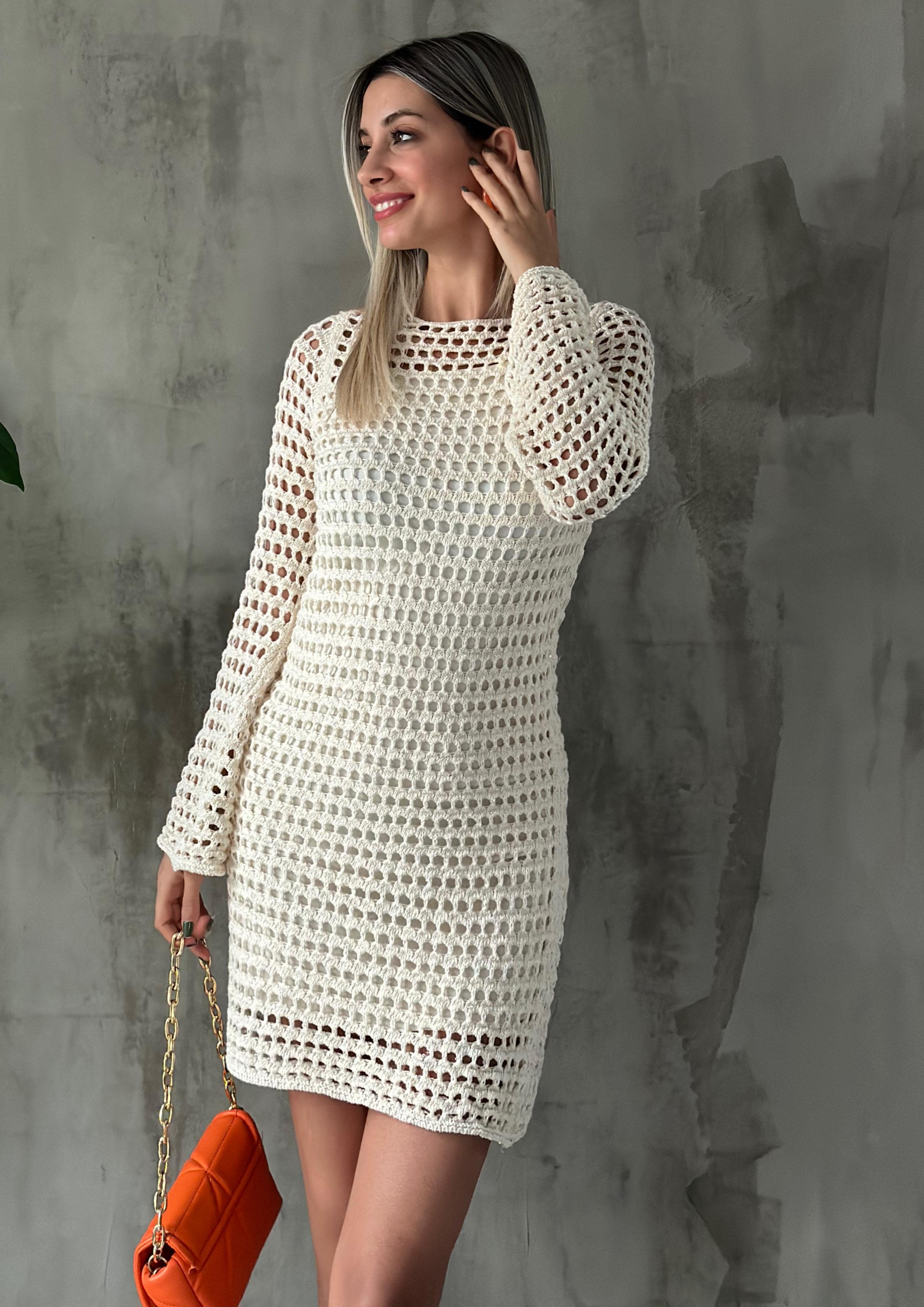 Ajurlu Triko Elbise Ekru