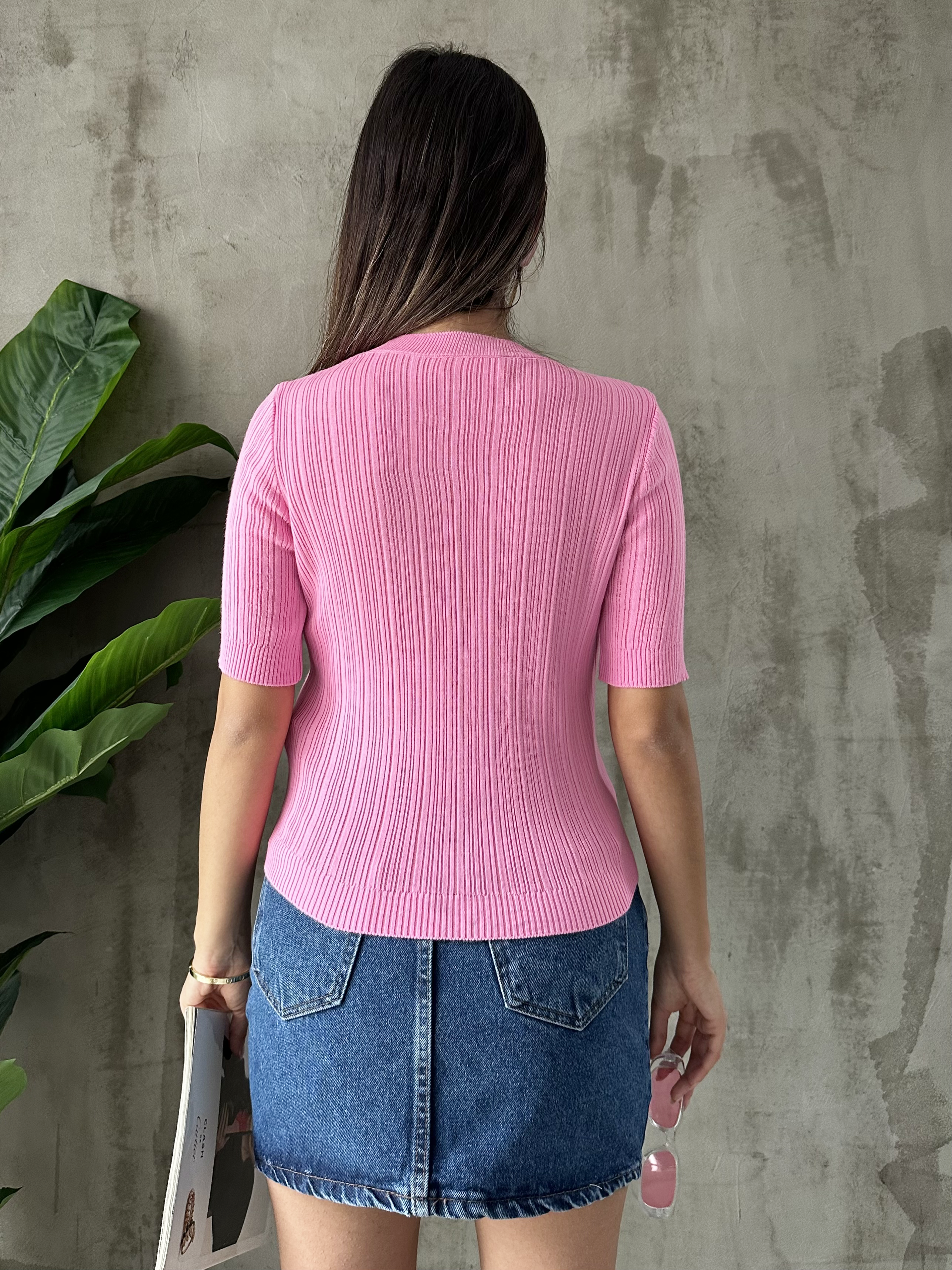 Aksesuarlı Triko T-shirt Pembe