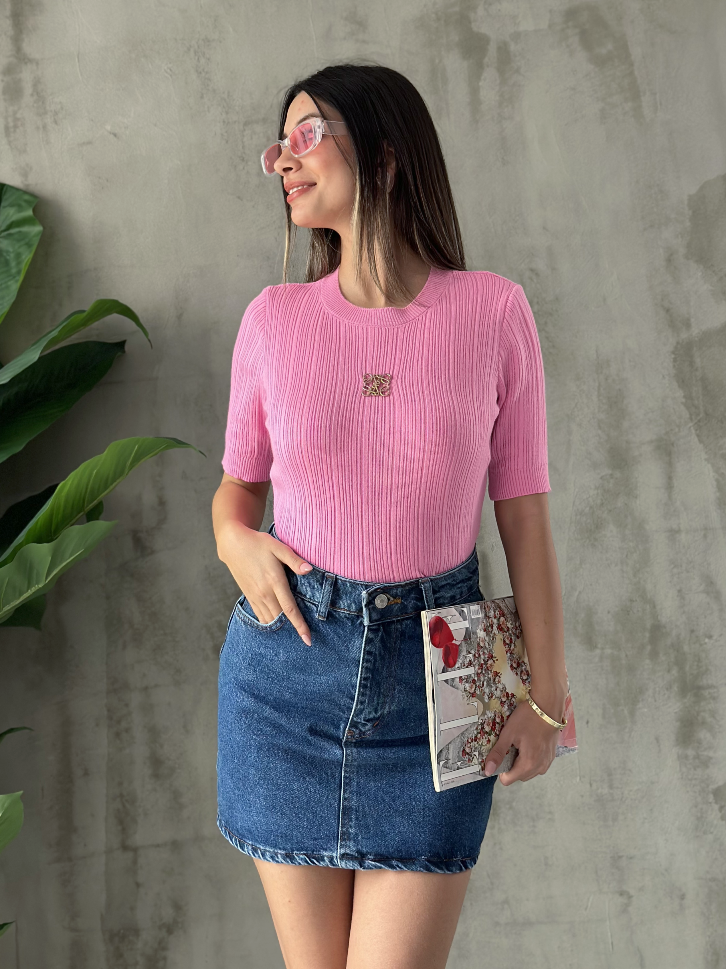 Aksesuarlı Triko T-shirt Pembe