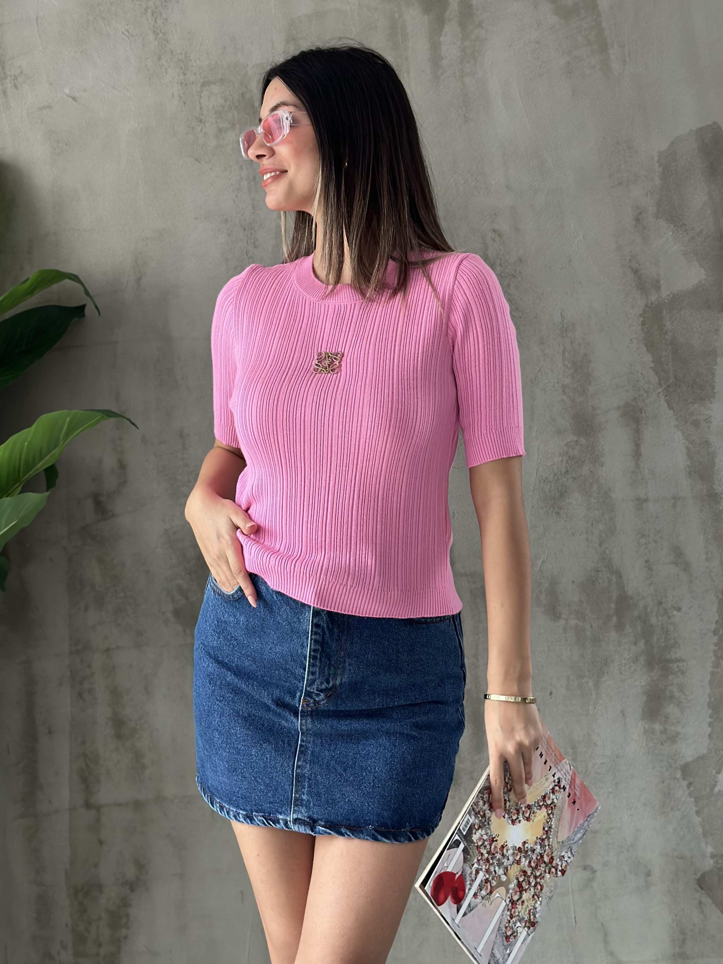 Aksesuarlı Triko T-shirt Pembe