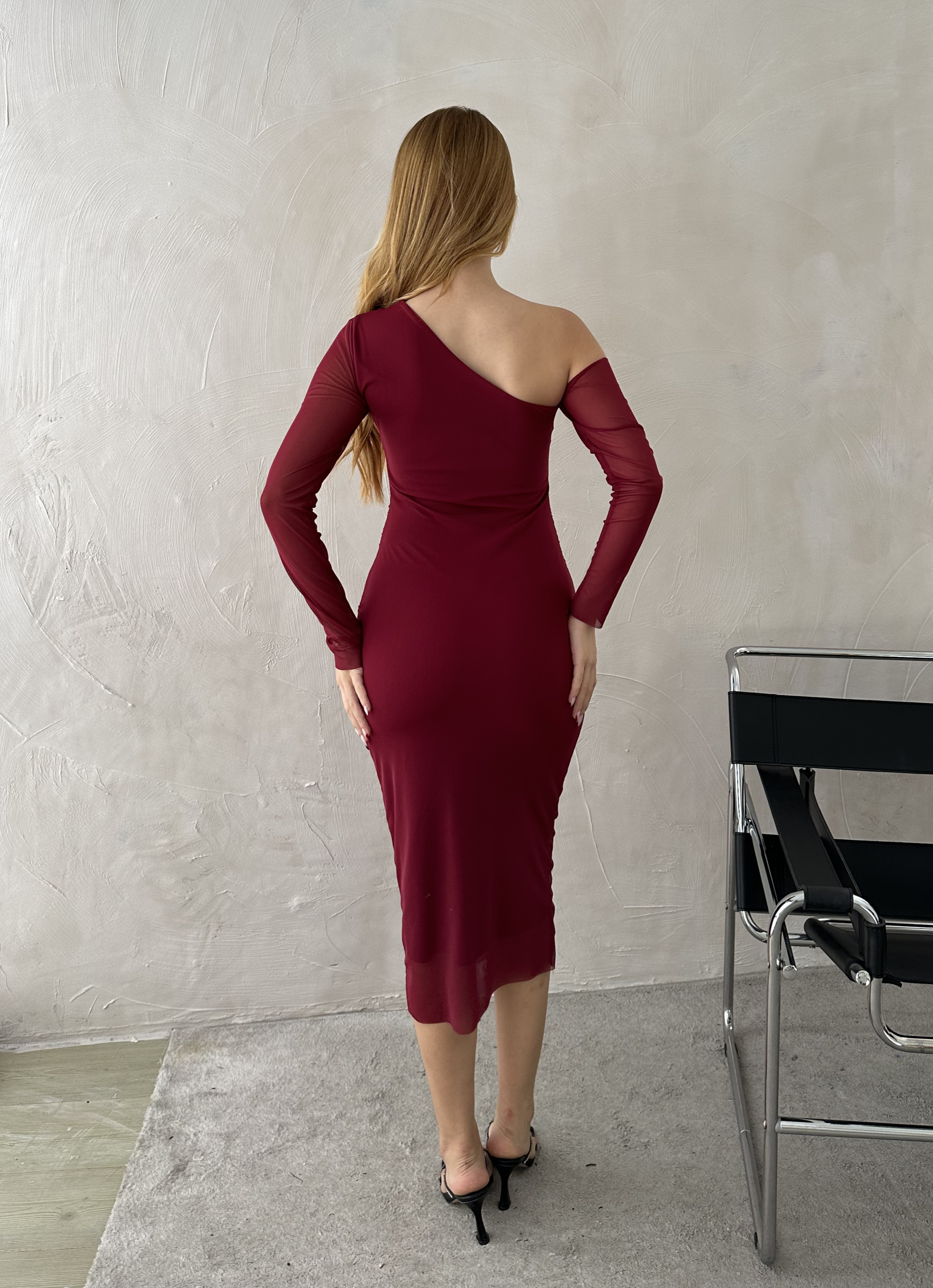 Asimetrik Uzun Tül Elbise Bordo