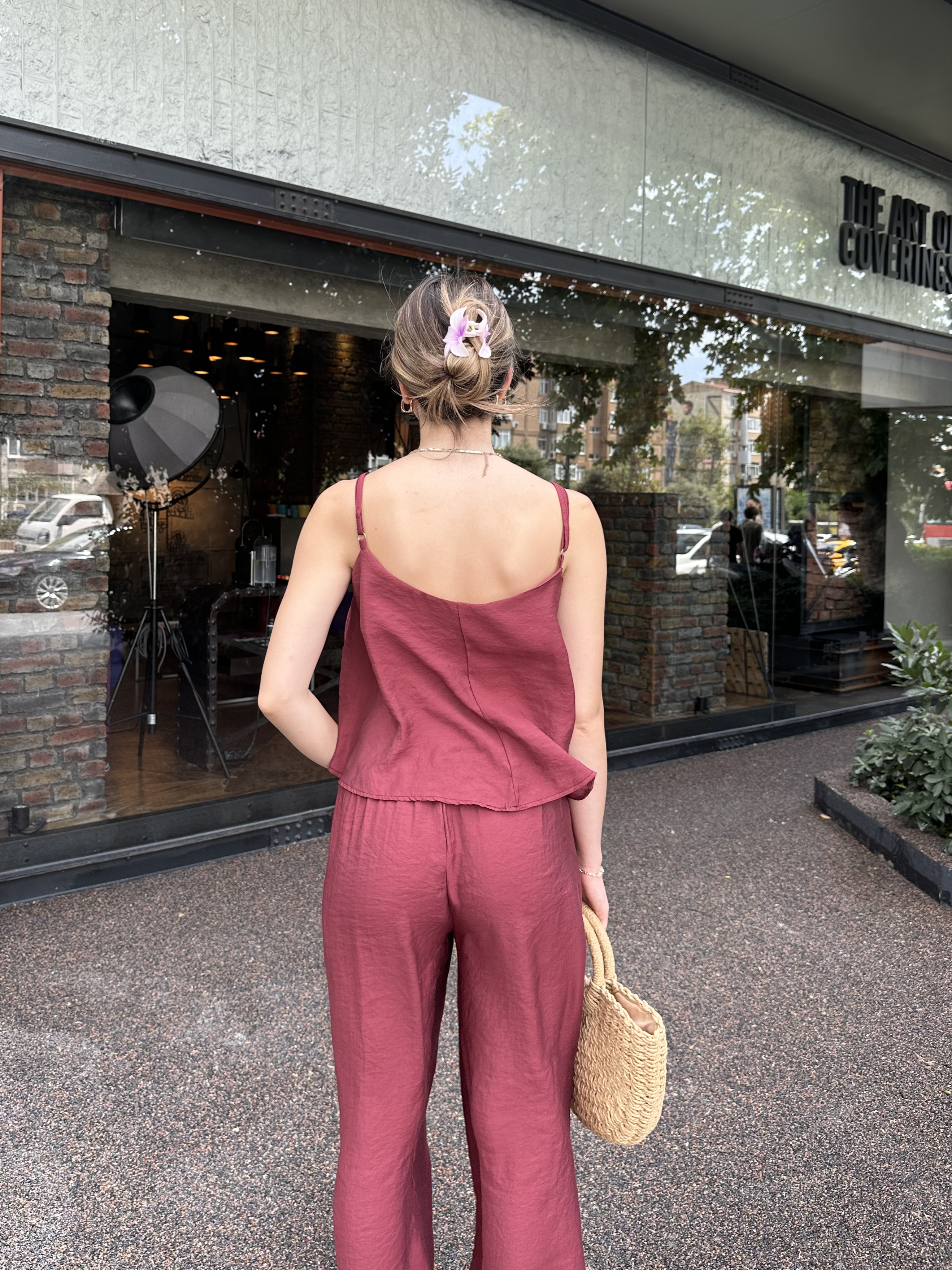 Askılı Bluz Pantolon Takım Bordo
