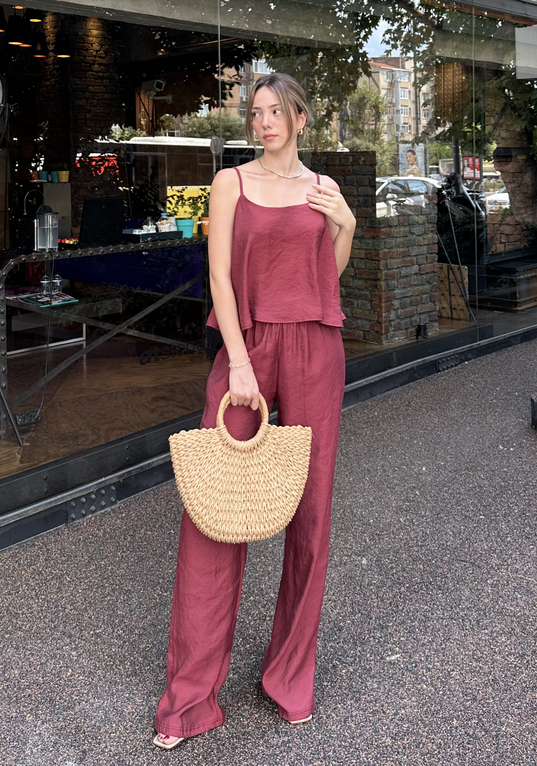 Askılı Bluz Pantolon Takım Bordo