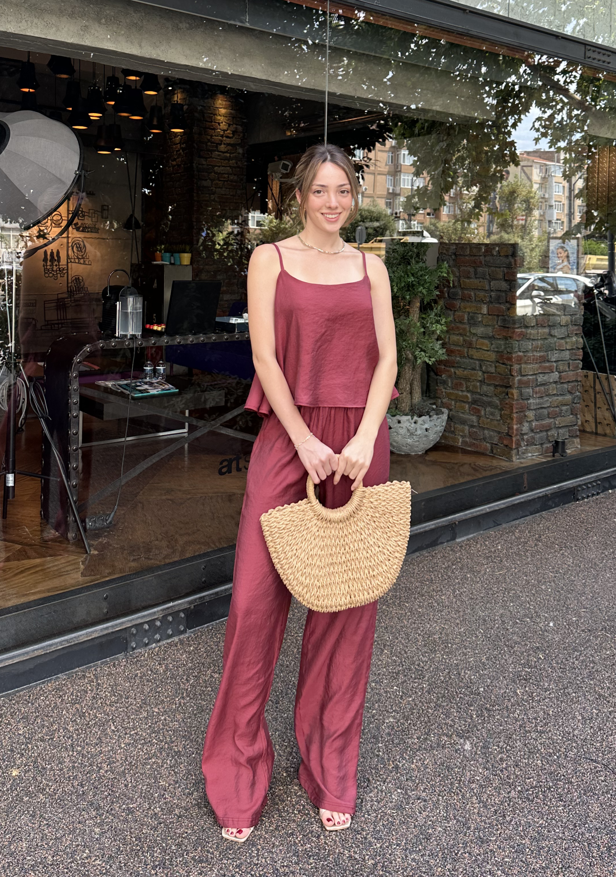 Askılı Bluz Pantolon Takım Bordo
