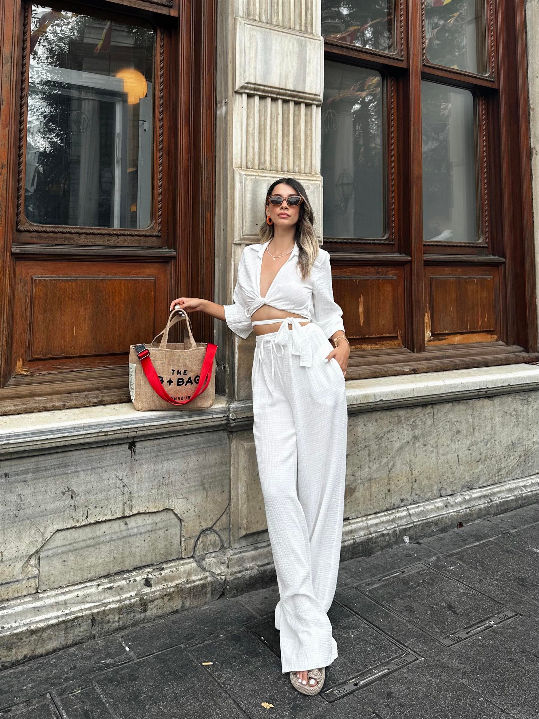 Bağlamalı Crop Pantolon Takım Beyaz