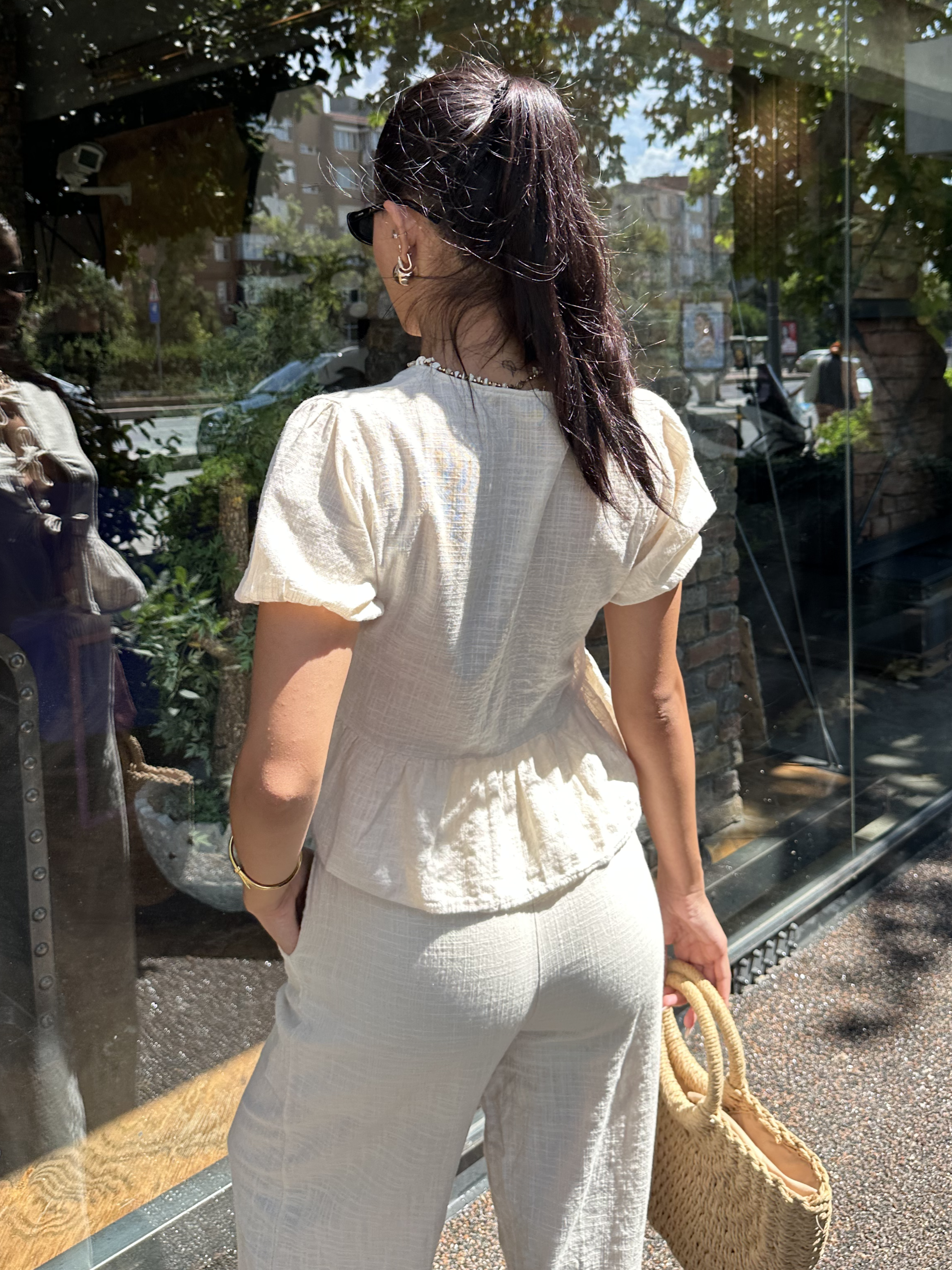 Bağlamalı Keten Bluz Naturel